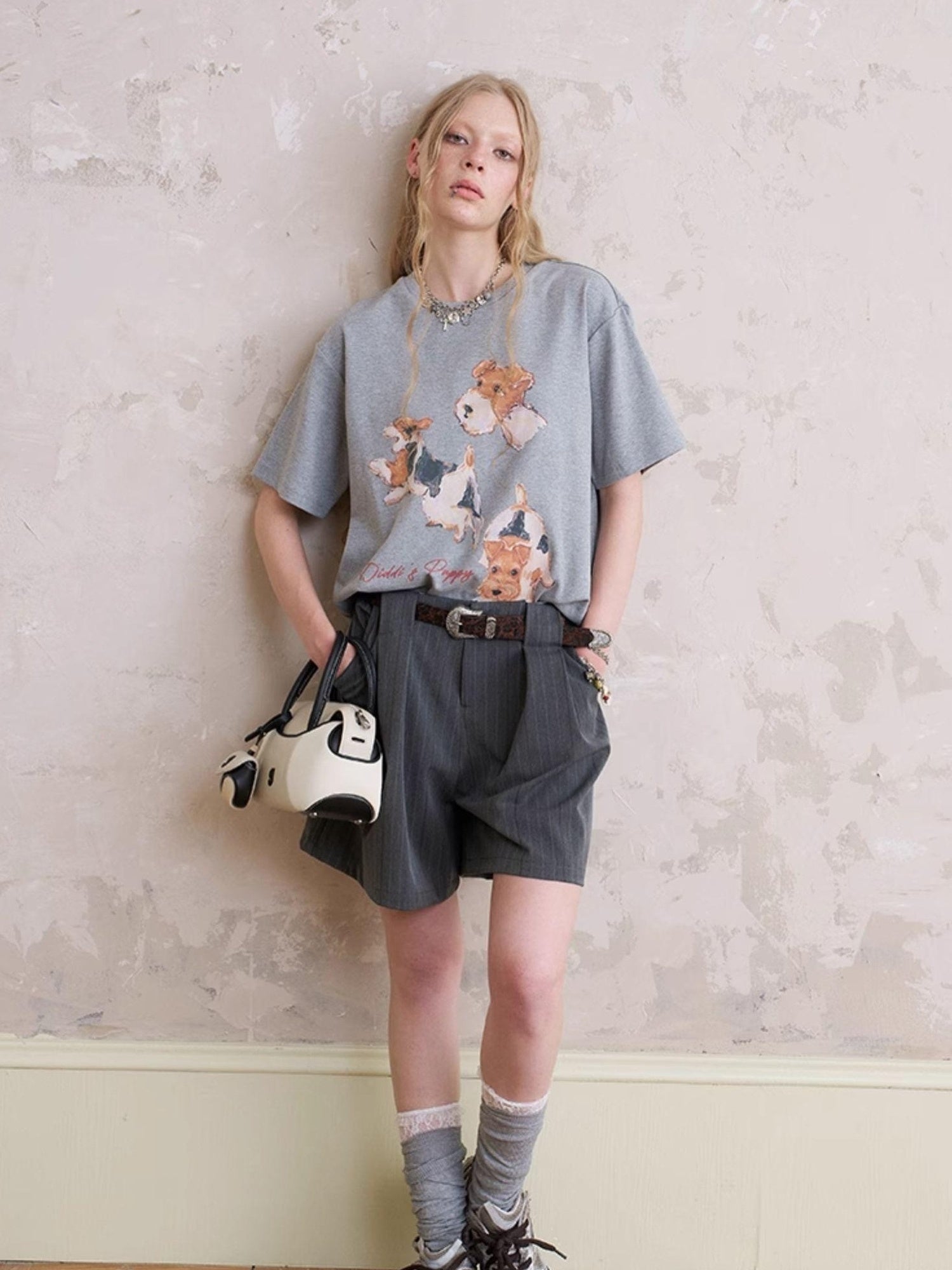 DIDDI MODA Funny Puppy Print Loose T Shirt With Layered Pants Set