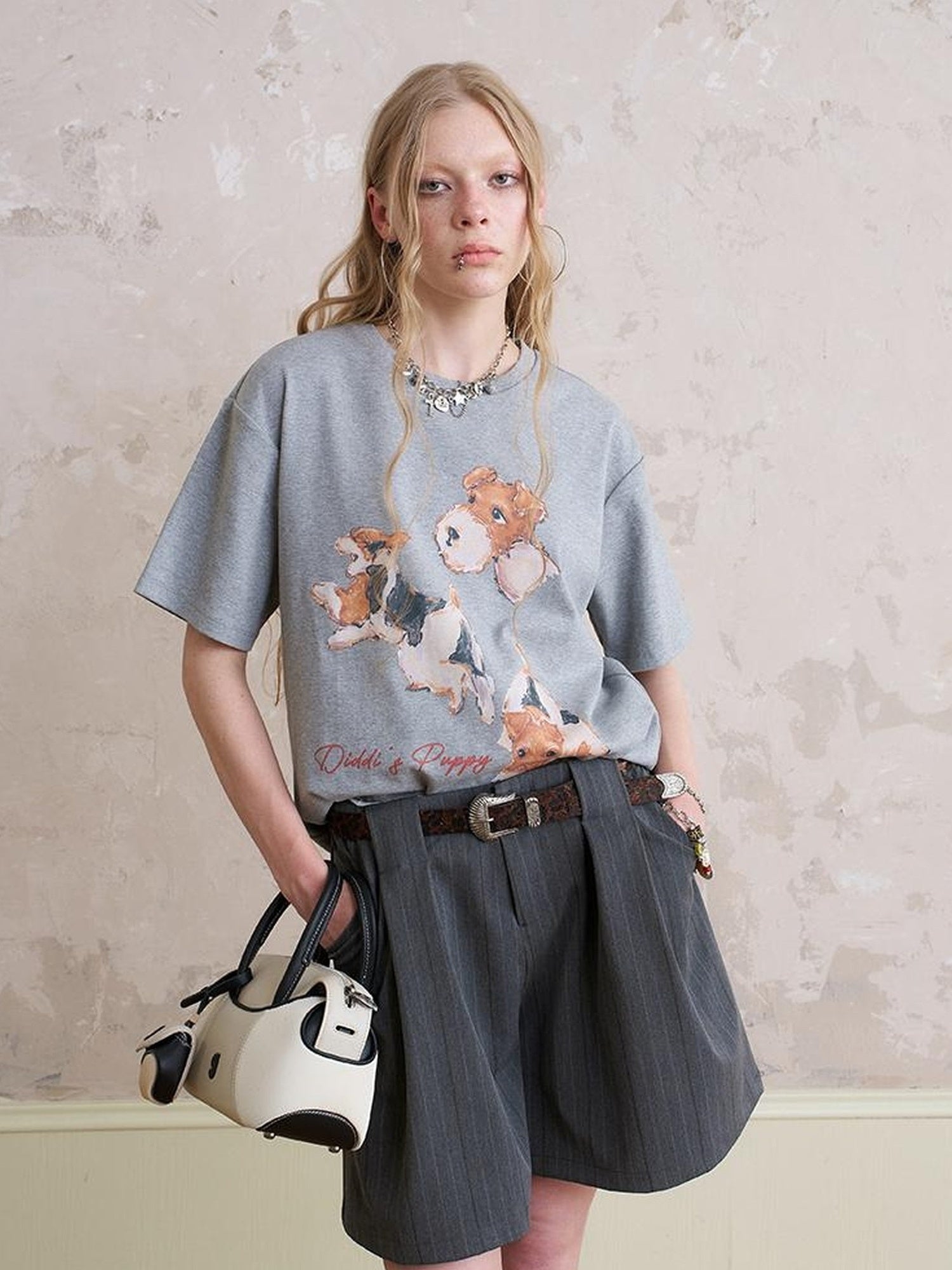 DIDDI MODA Funny Puppy Print Loose T Shirt With Layered Pants Set