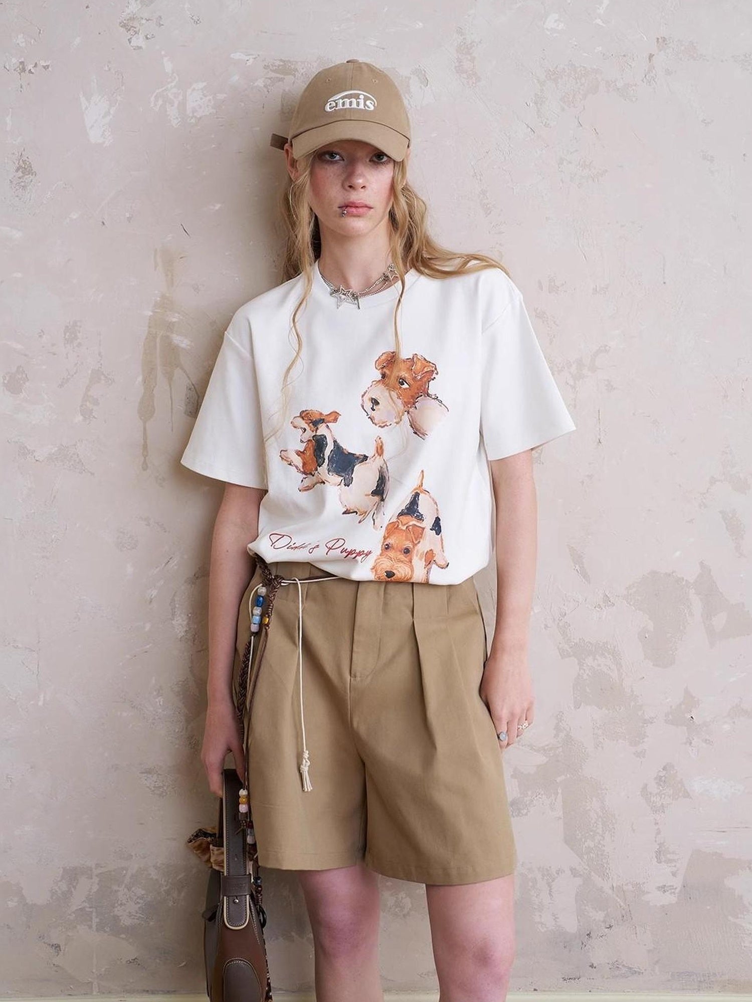 DIDDI MODA Funny Puppy Print Loose T Shirt With Layered Pants Set