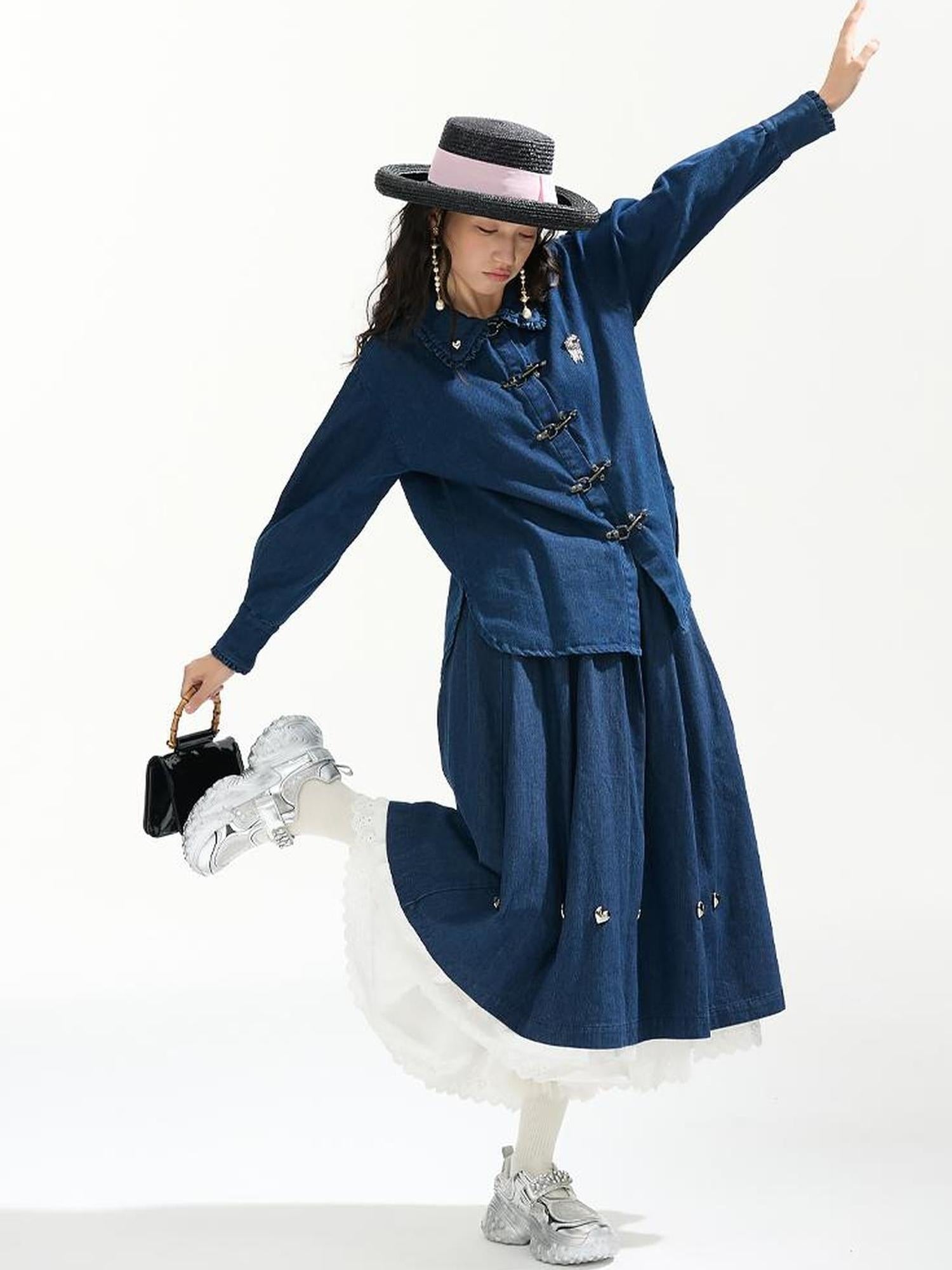 Sweet Mi Future Goth Denim Punk Shirt Skirt Set