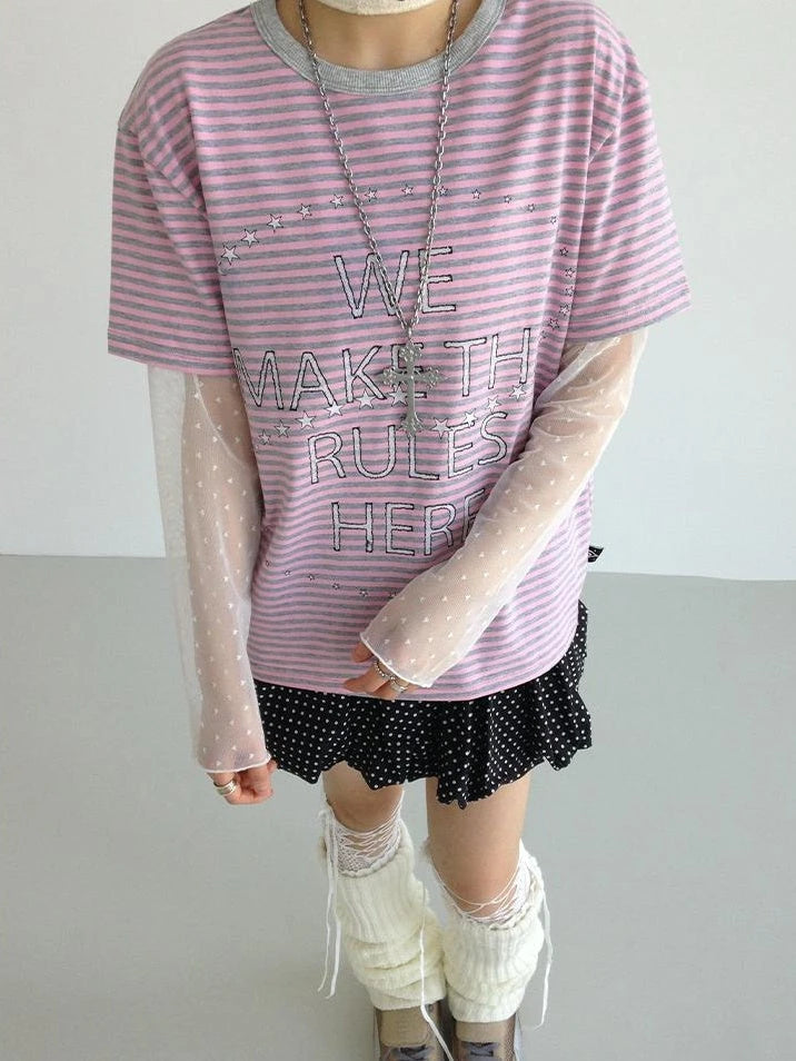 Galaxy Print Stripe Color Block Loose Casual T-Shirt