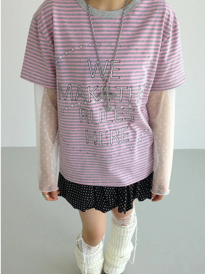 Galaxy Print Stripe Color Block Loose Casual T-Shirt