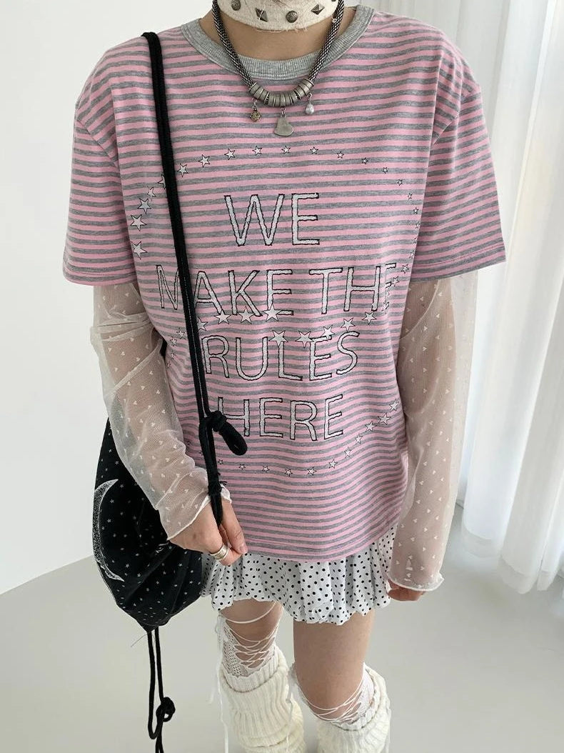 Galaxy Print Stripe Color Block Loose Casual T-Shirt