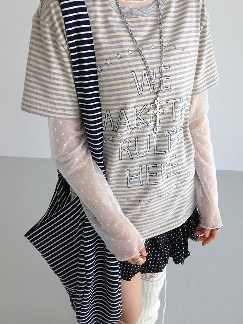 Galaxy Print Stripe Color Block Loose Casual T-Shirt