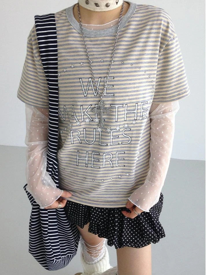 Galaxy Print Stripe Color Block Loose Casual T-Shirt