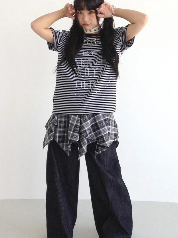 Galaxy Print Stripe Color Block Loose Casual T-Shirt