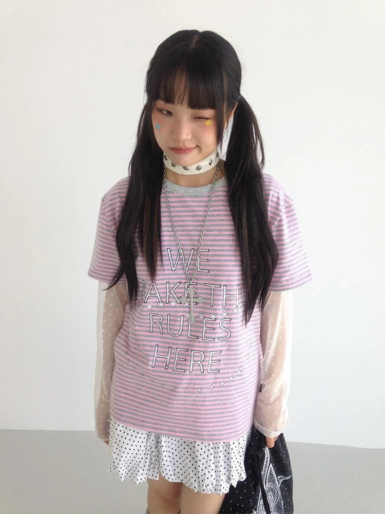 Galaxy Print Stripe Color Block Loose Casual T-Shirt