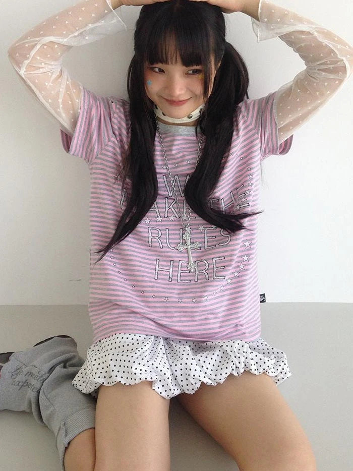Galaxy Print Stripe Color Block Loose Casual T-Shirt