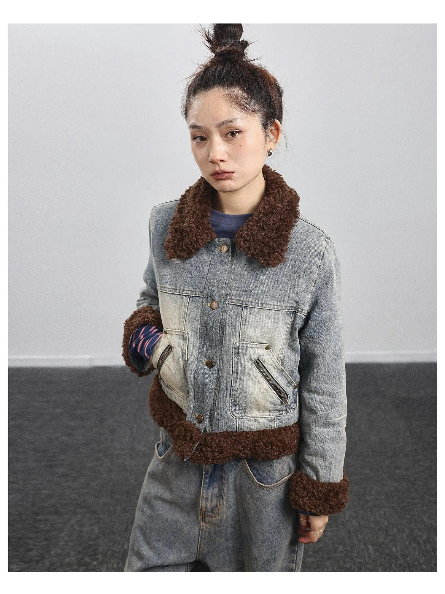 Retro Denim Trimmed Wool Blend Coat