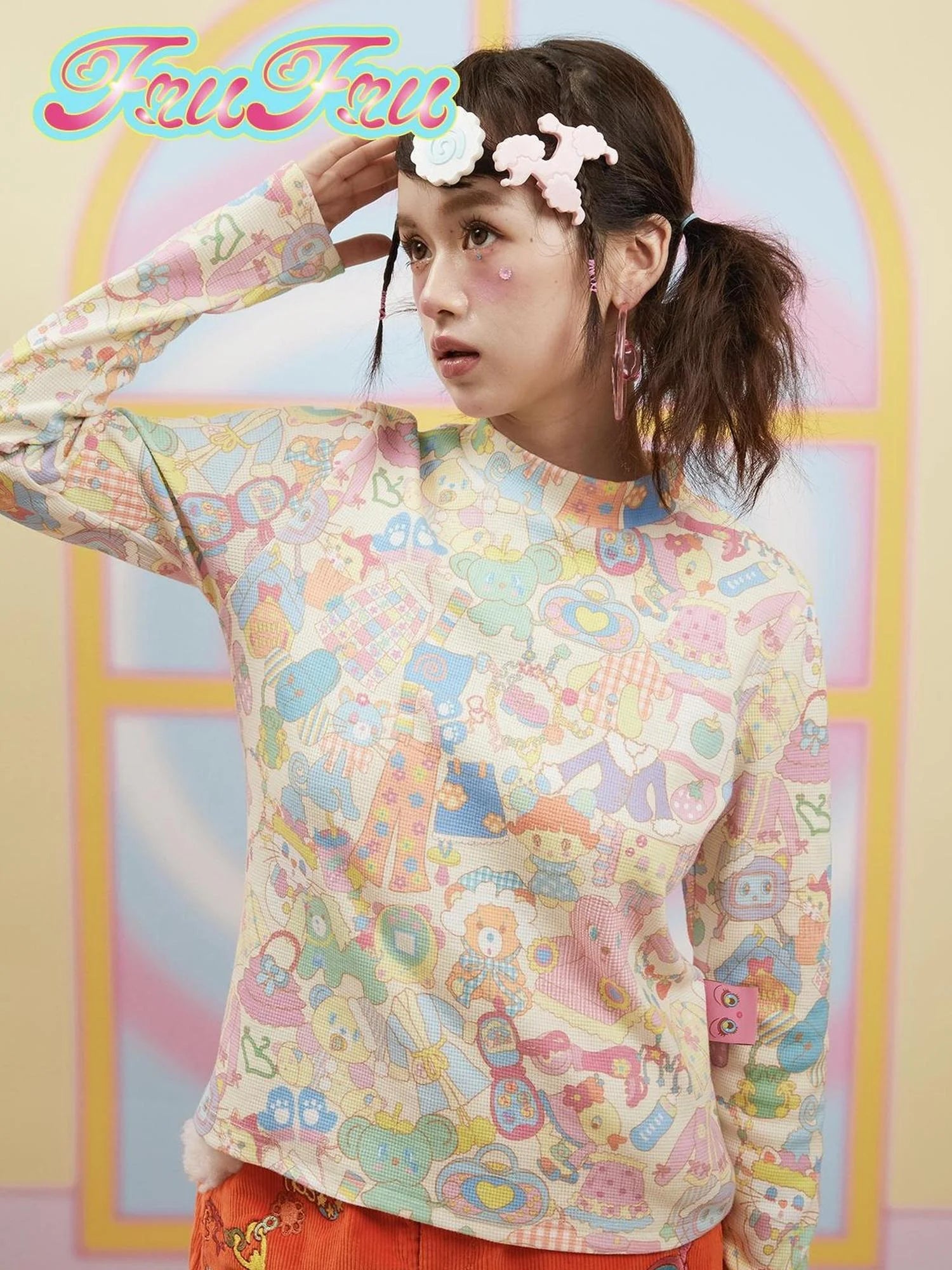 Girl Cute Print Waffle Pants Long Sleeve Set Beige Autumn Winter