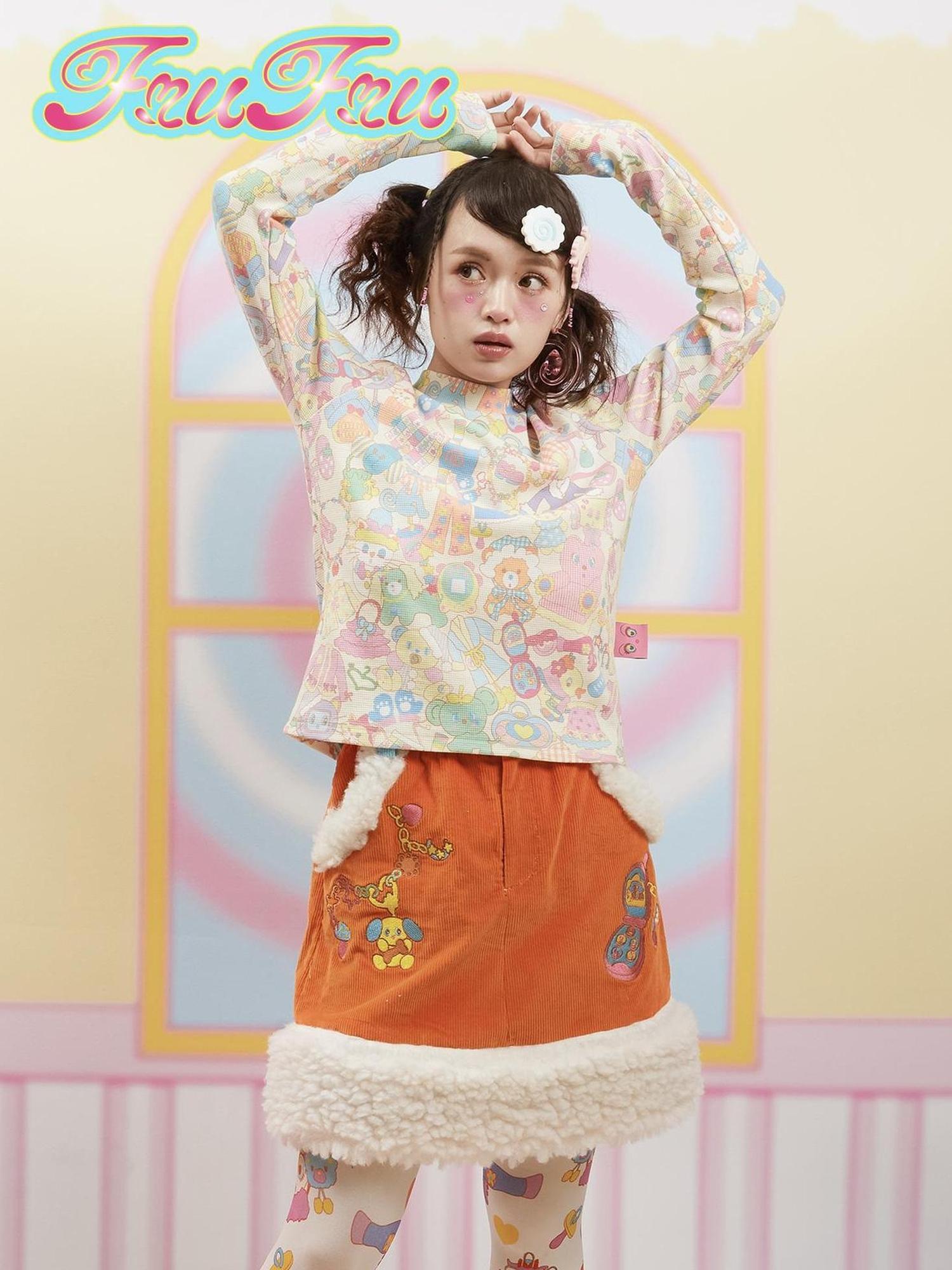 Frufru Gulu Girl Cute Print Waffle Pants Long Sleeve Set Beige Autumn Winter