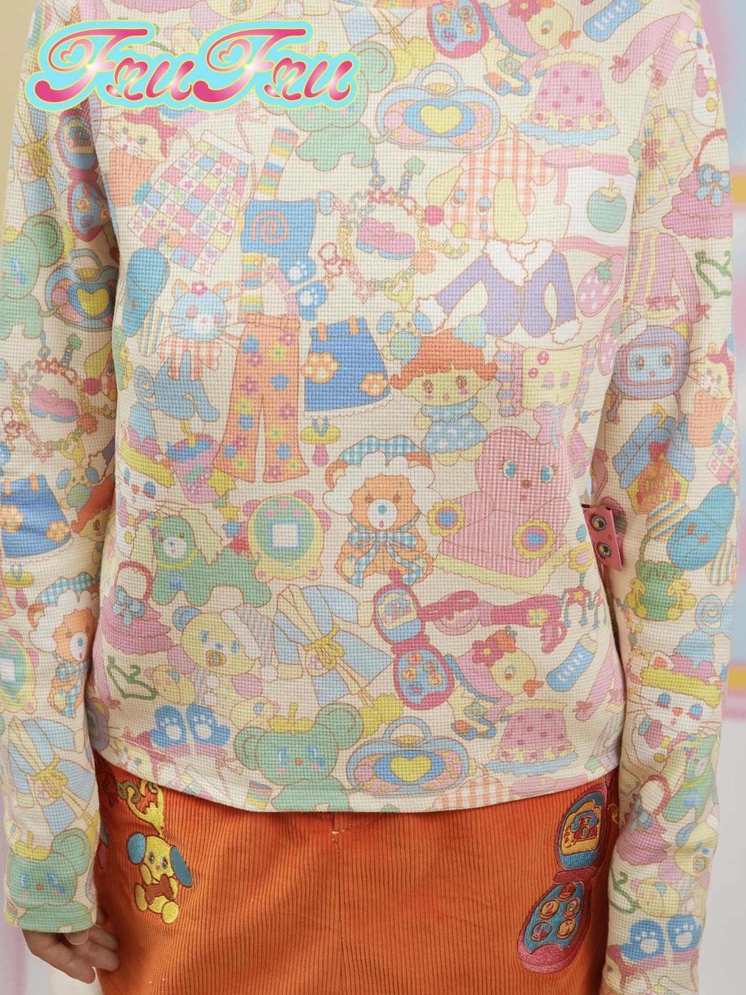 Frufru Gulu Girl Cute Print Waffle Pants Long Sleeve Set Beige Autumn Winter