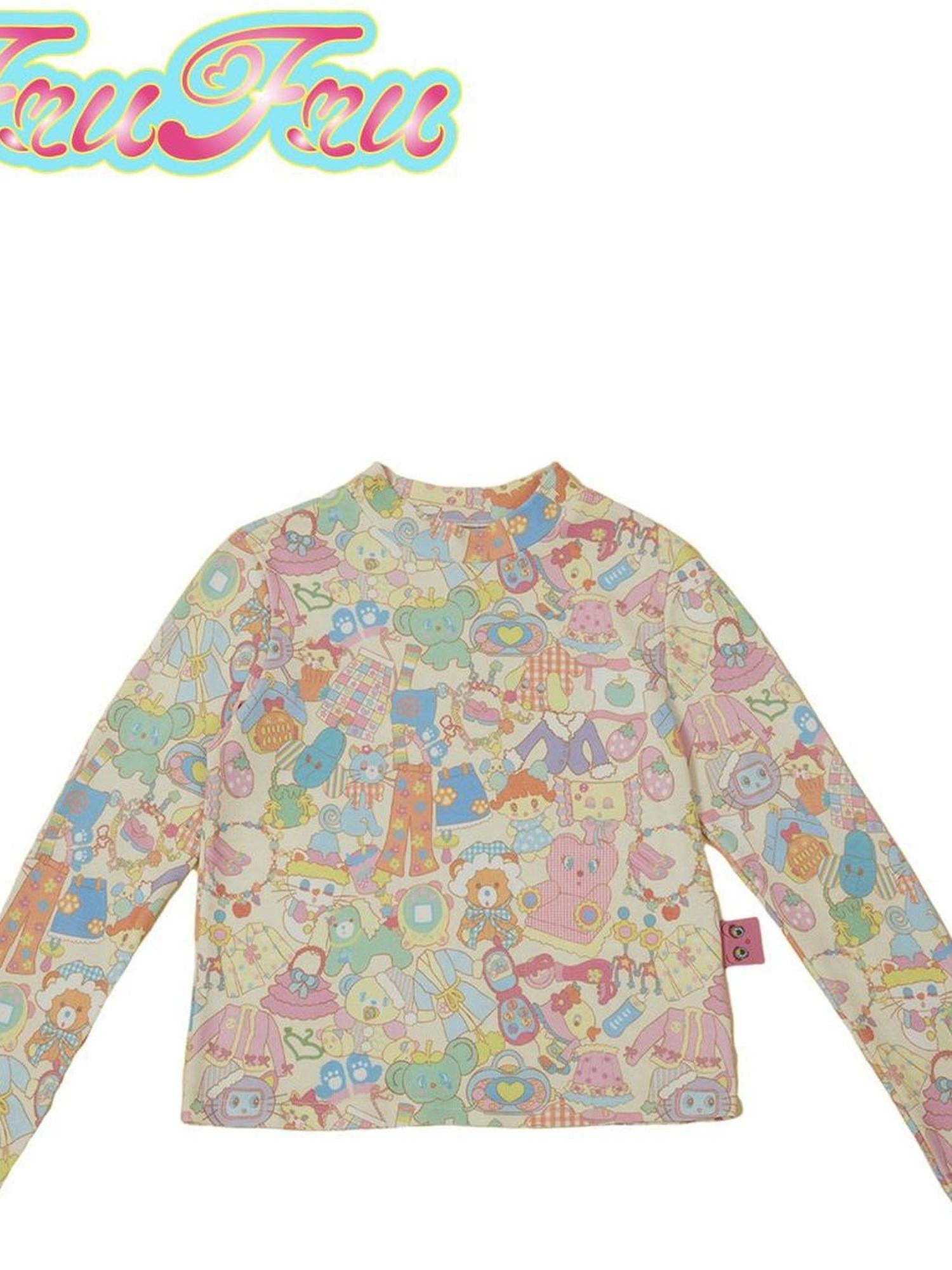 Frufru Gulu Girl Cute Print Waffle Pants Long Sleeve Set Beige Autumn Winter