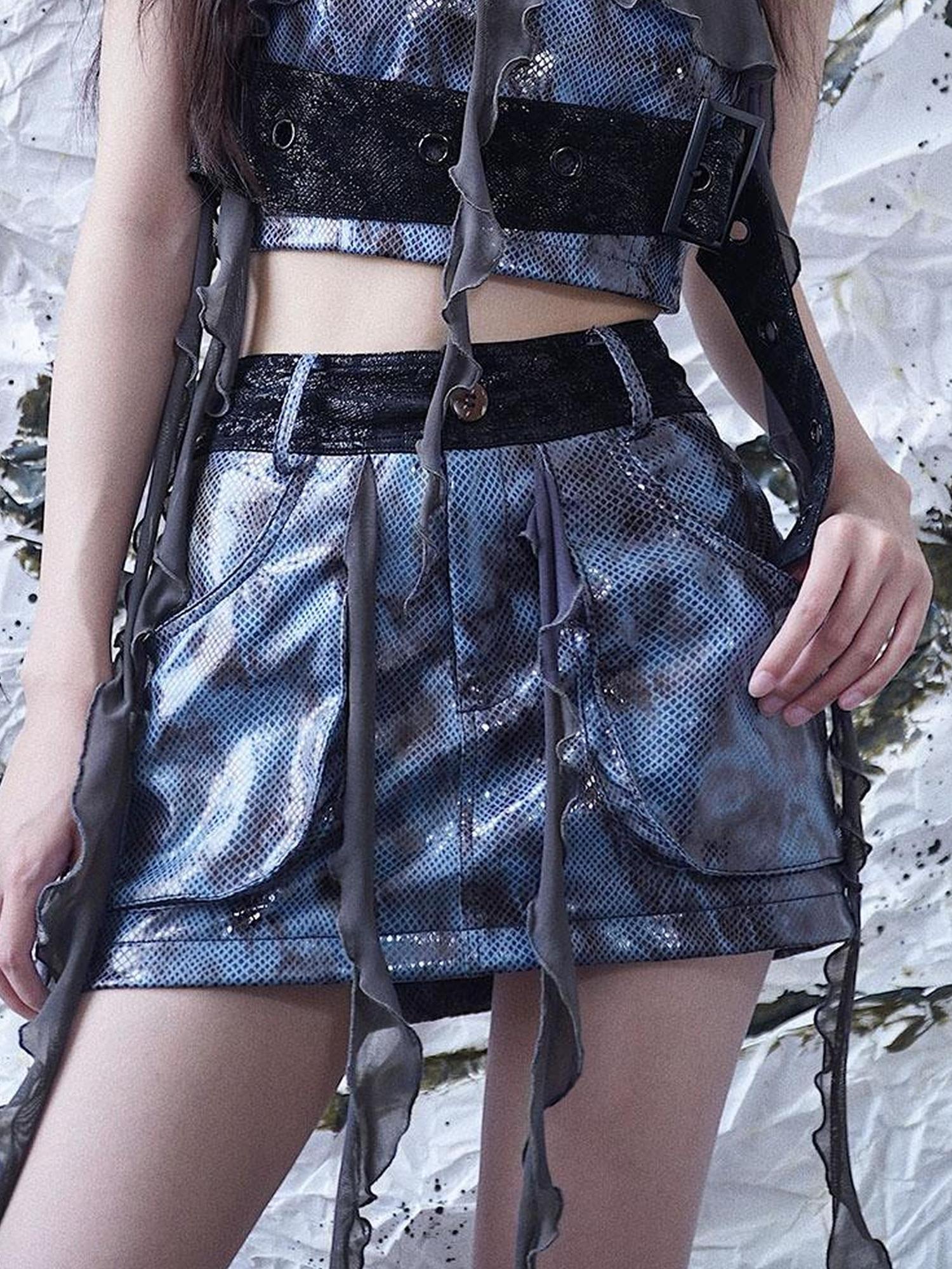 WSW WUSHENWU Glamorous Fringe Snake Print Leather Skirt