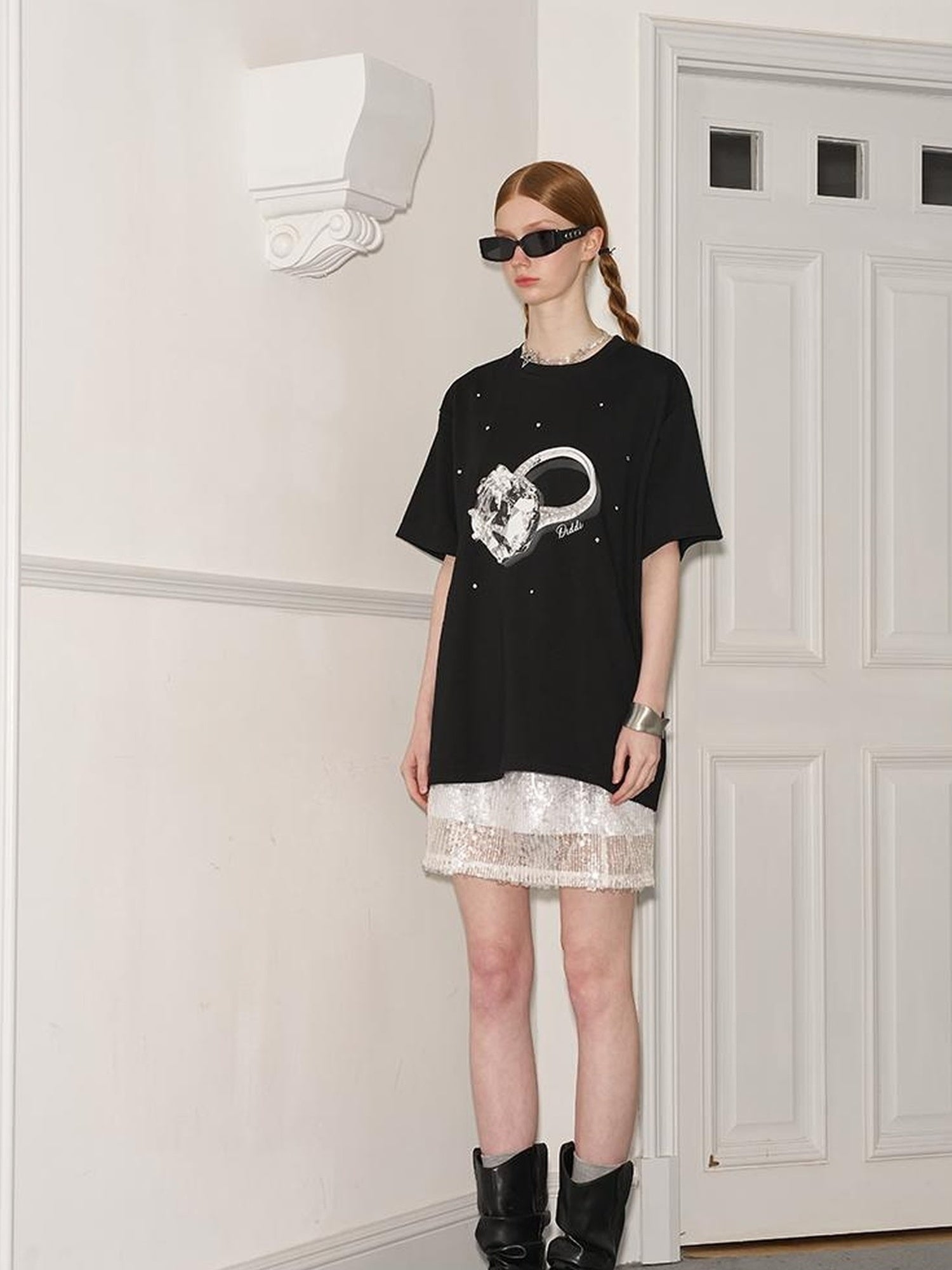 DIDDI MODA Glittering Silver Straight Skirt With Elastic Waist