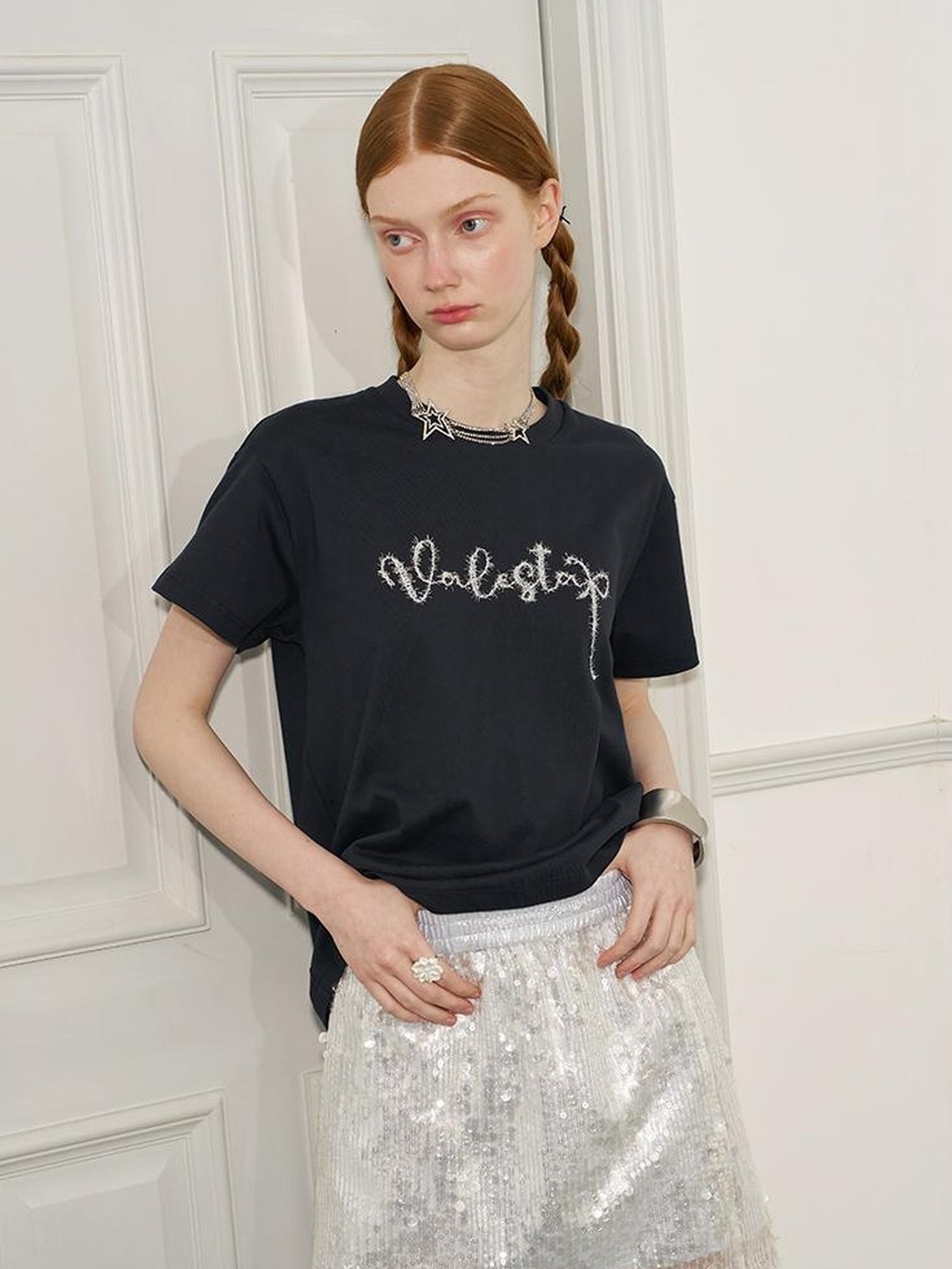 DIDDI MODA Glittering Silver Straight Skirt With Elastic Waist