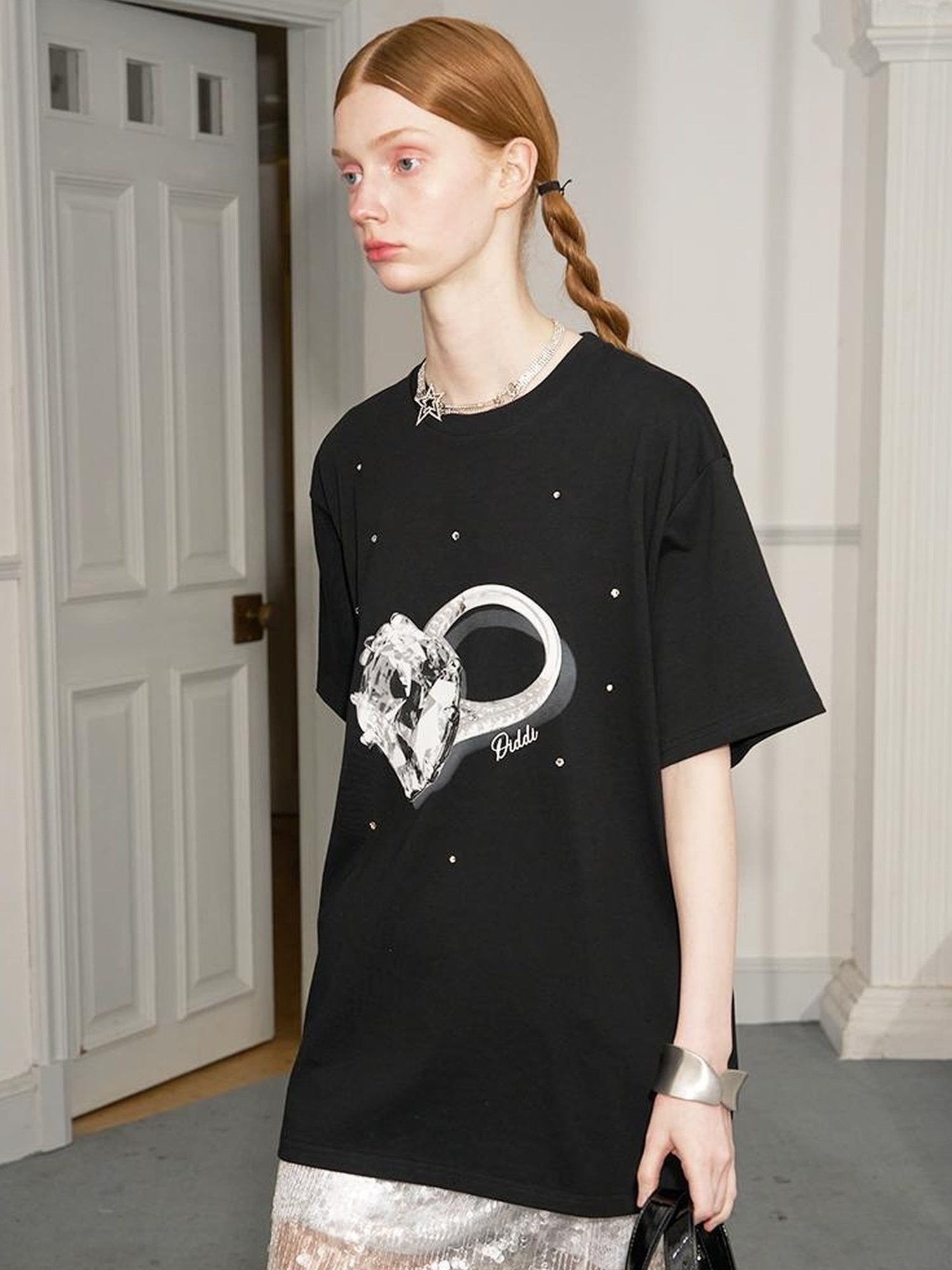 DIDDI MODA Glittering Silver Straight Skirt With Elastic Waist