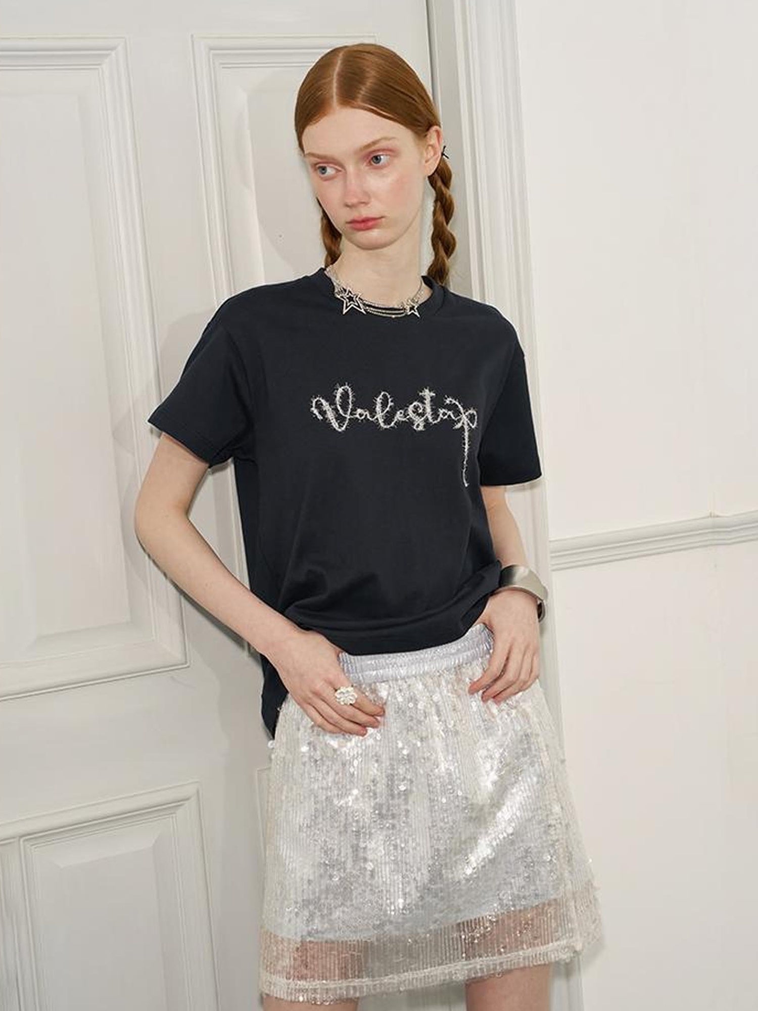 DIDDI MODA Glittering Silver Straight Skirt With Elastic Waist