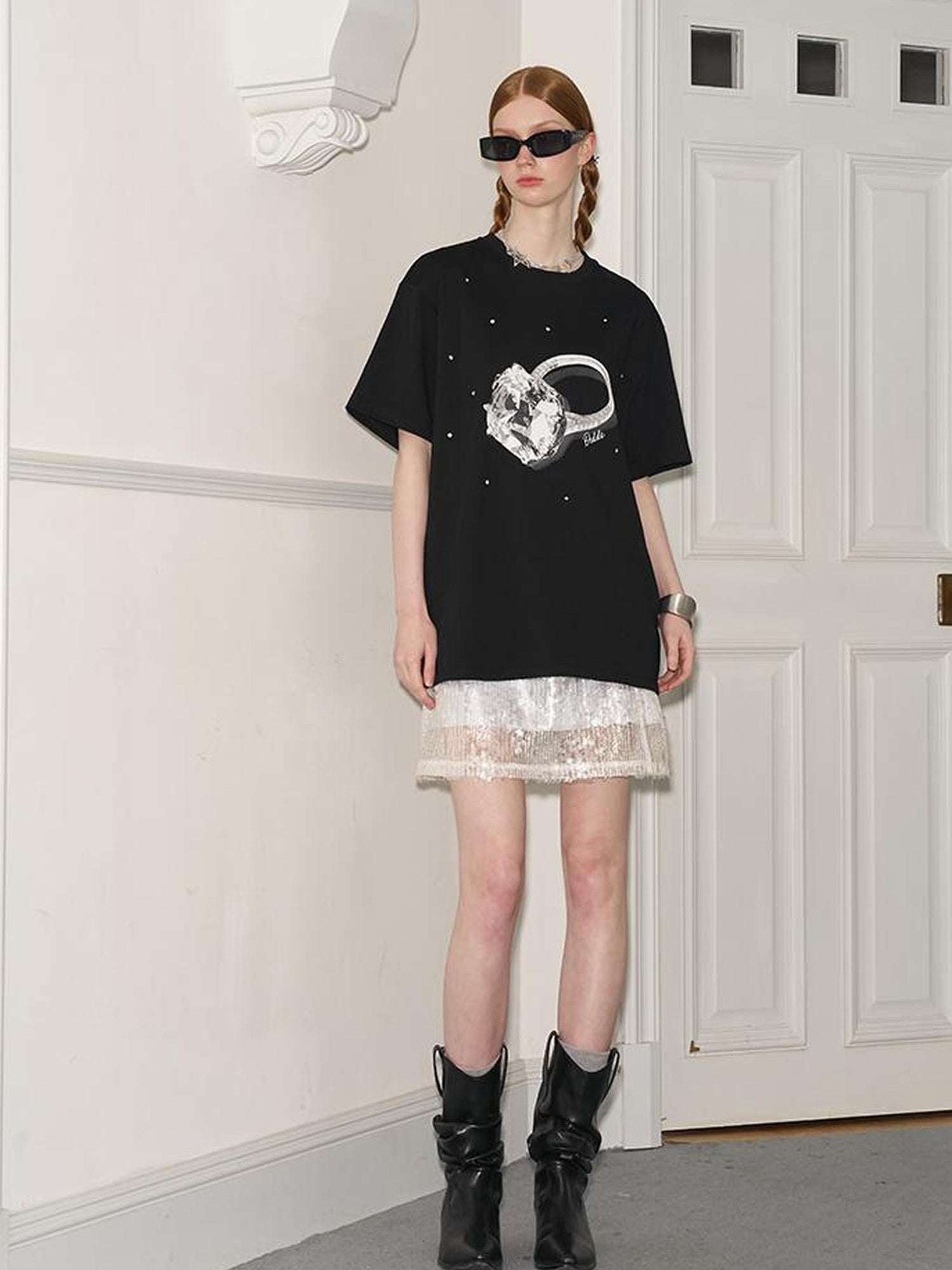 DIDDI MODA Glittering Silver Straight Skirt With Elastic Waist