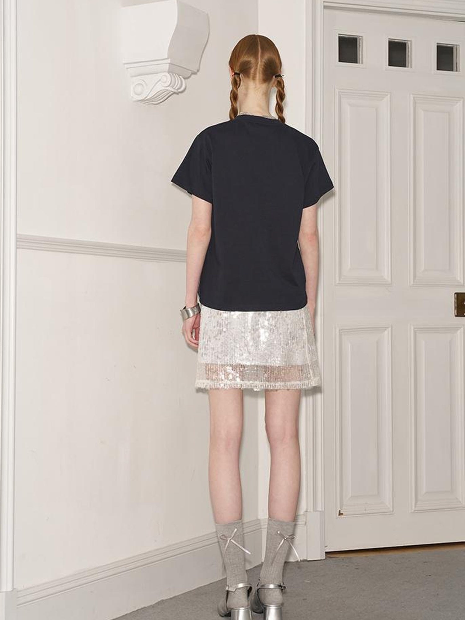 DIDDI MODA Glittering Silver Straight Skirt With Elastic Waist