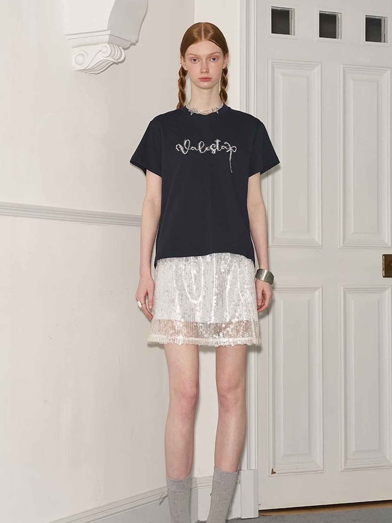 DIDDI MODA Glittering Silver Straight Skirt With Elastic Waist