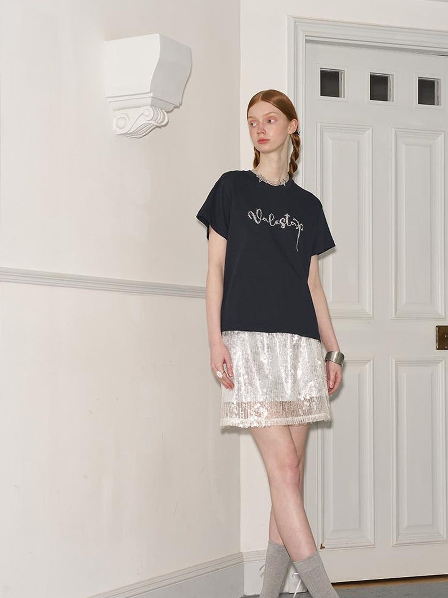 DIDDI MODA Glittering Silver Straight Skirt With Elastic Waist