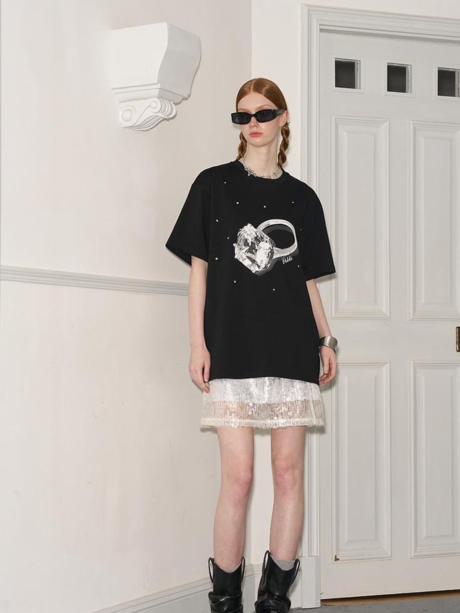 DIDDI MODA Glittering Silver Straight Skirt With Elastic Waist