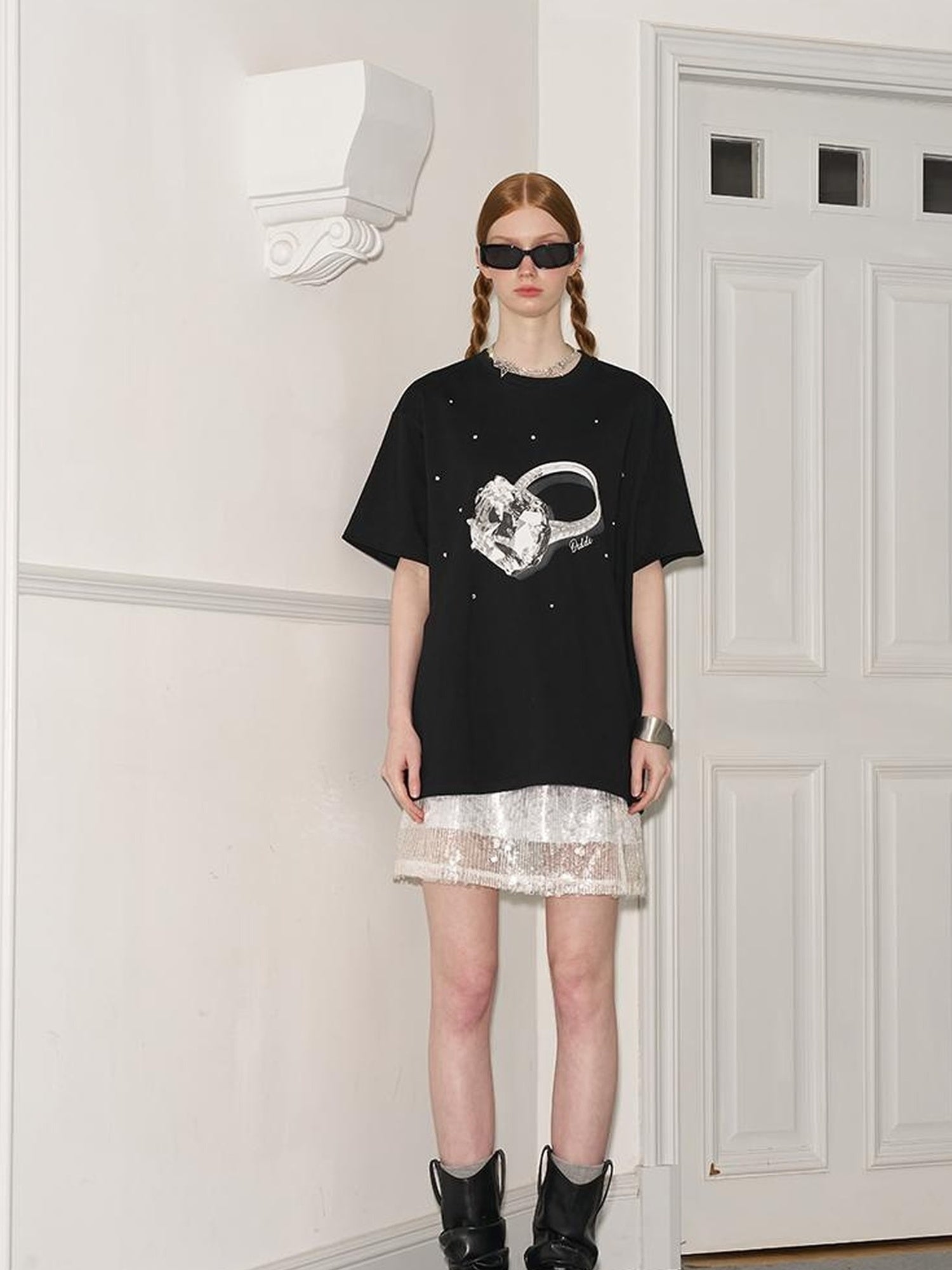 DIDDI MODA Glittering Silver Straight Skirt With Elastic Waist