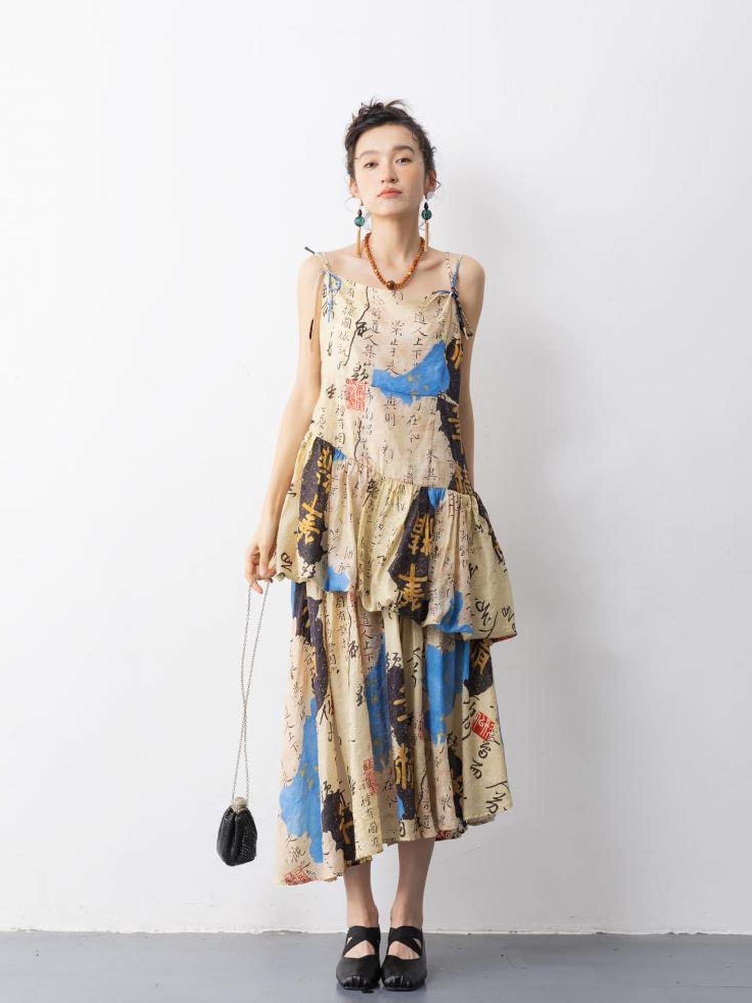 Sweet Mi Goldenwind Jade Dew Asymmetrical Slip Dress