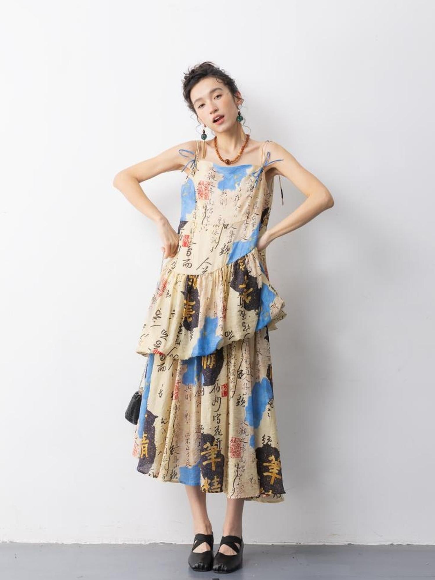 Sweet Mi Goldenwind Jade Dew Asymmetrical Slip Dress