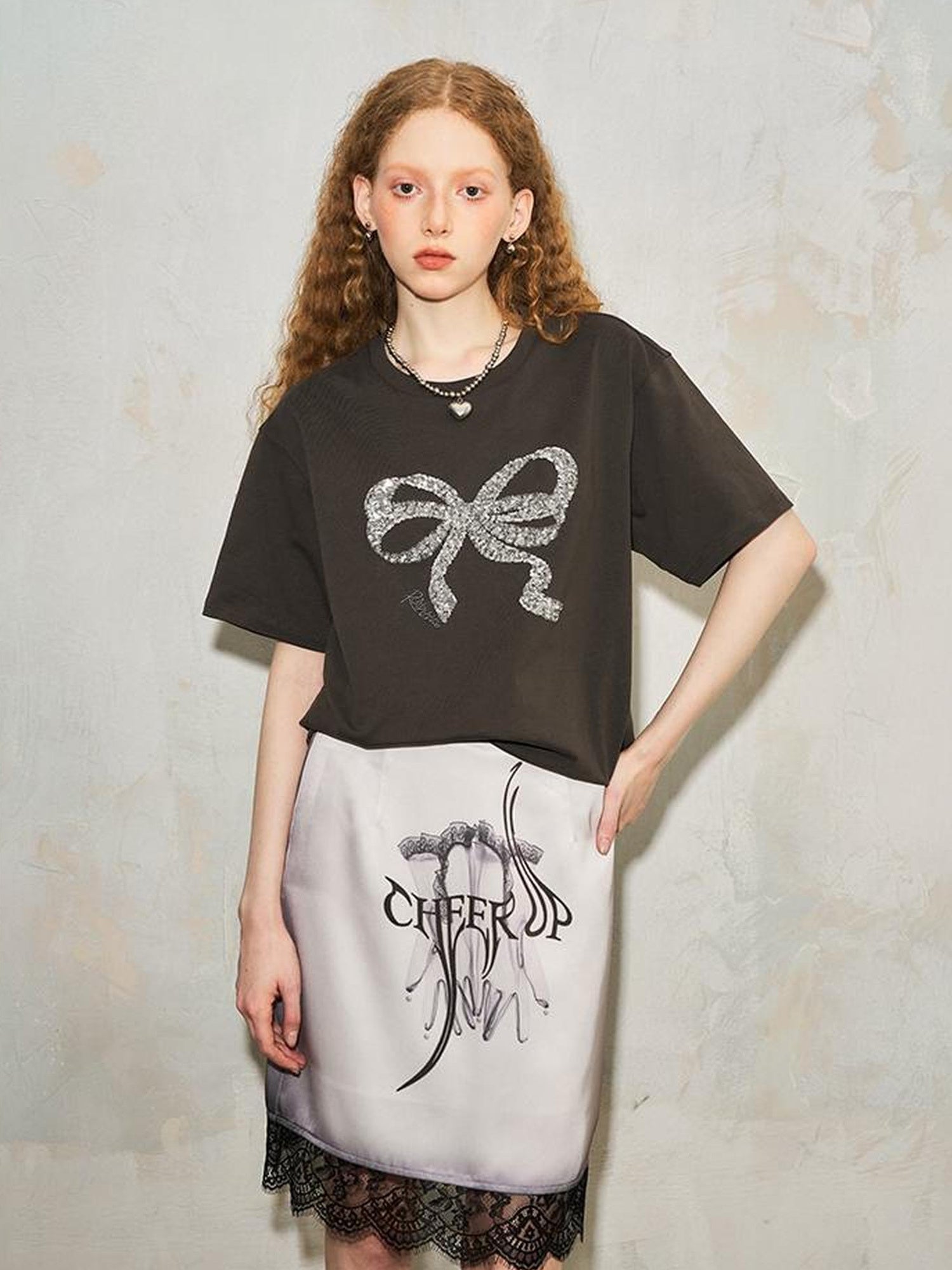 DIDDI MODA Gothic Glove Print Lace Satin Straight Mini Skirt