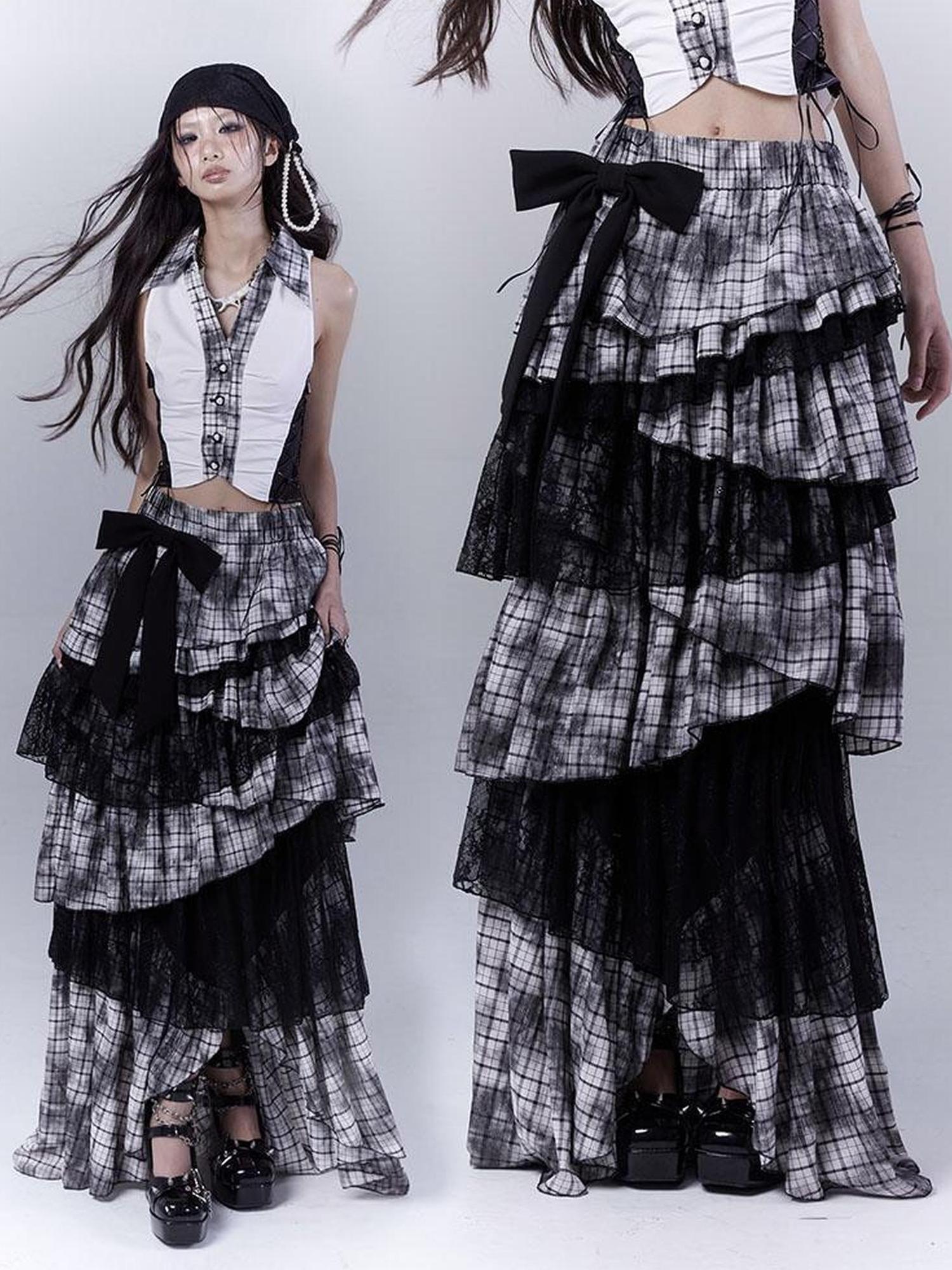 WSW WUSHENWU Gothic Lace Plaid Asymmetrical Cake Skirt