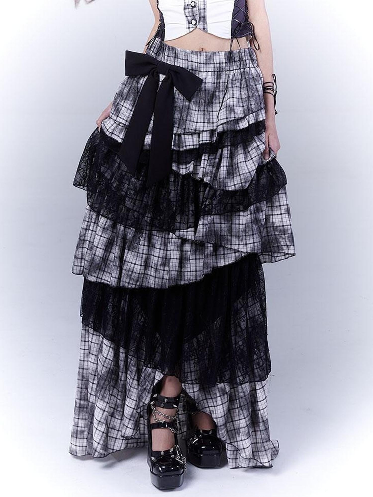 WSW WUSHENWU Gothic Lace Plaid Asymmetrical Cake Skirt