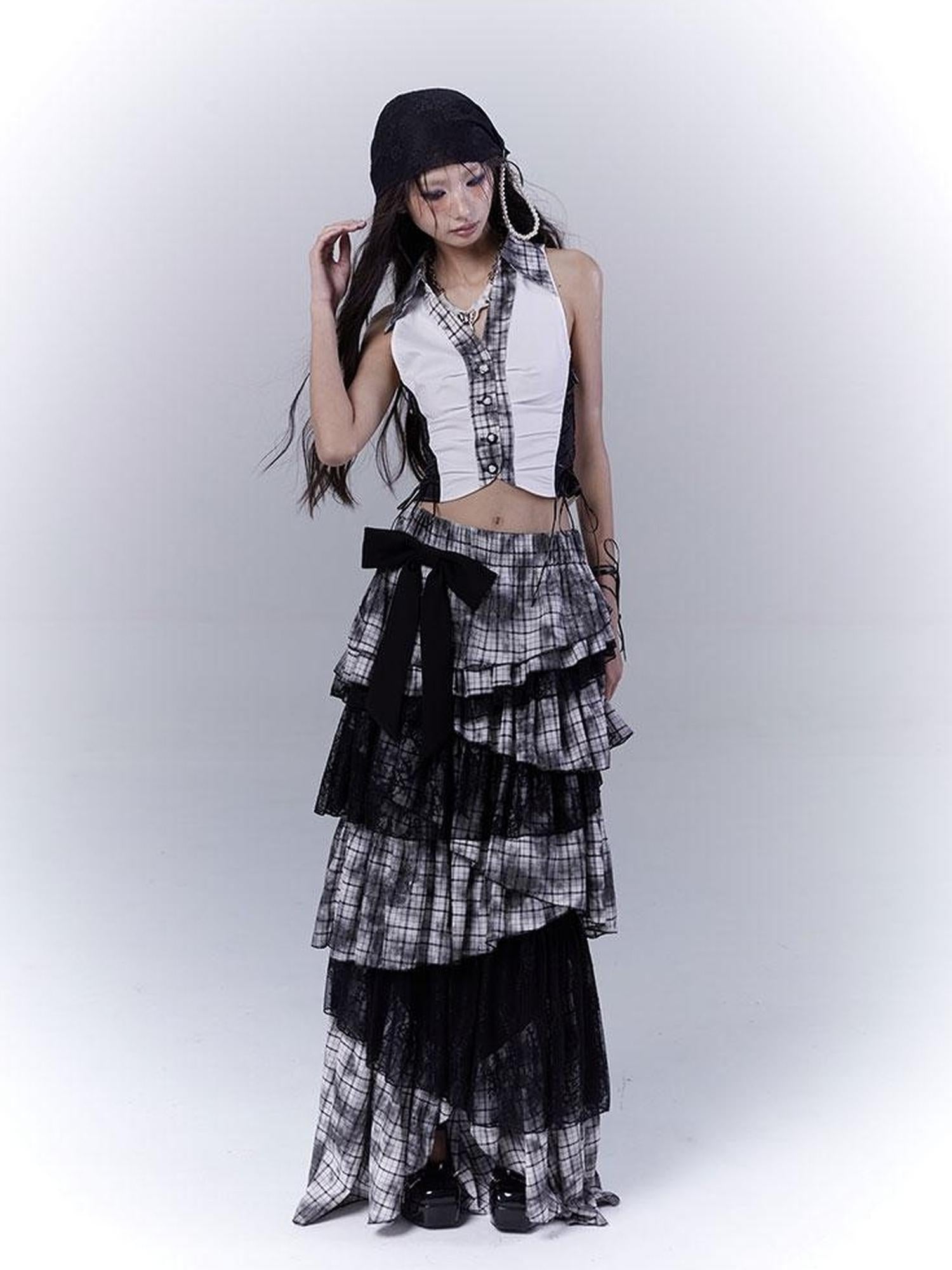 WSW WUSHENWU Gothic Lace Plaid Asymmetrical Cake Skirt