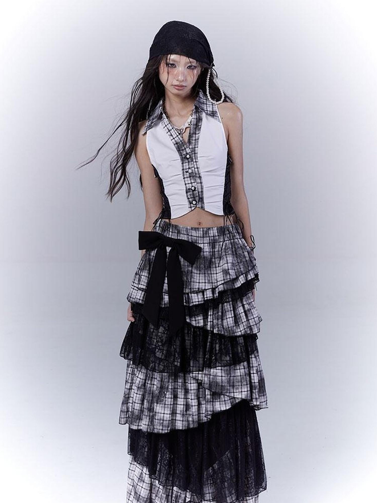 WSW WUSHENWU Gothic Lace Plaid Asymmetrical Cake Skirt