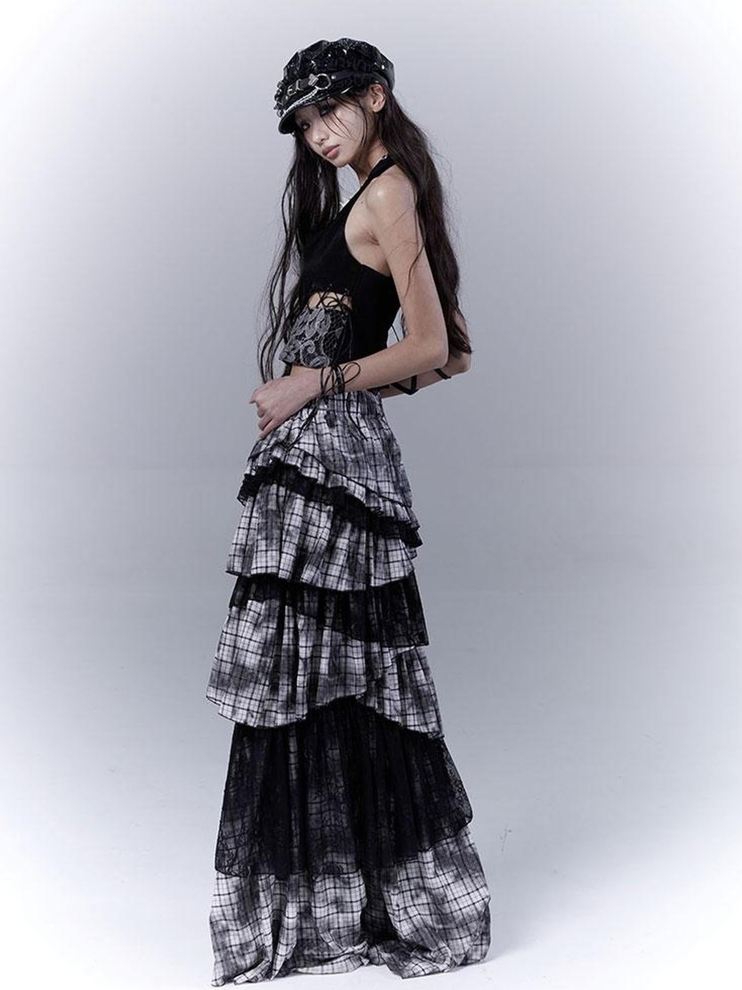 WSW WUSHENWU Gothic Lace Plaid Asymmetrical Cake Skirt