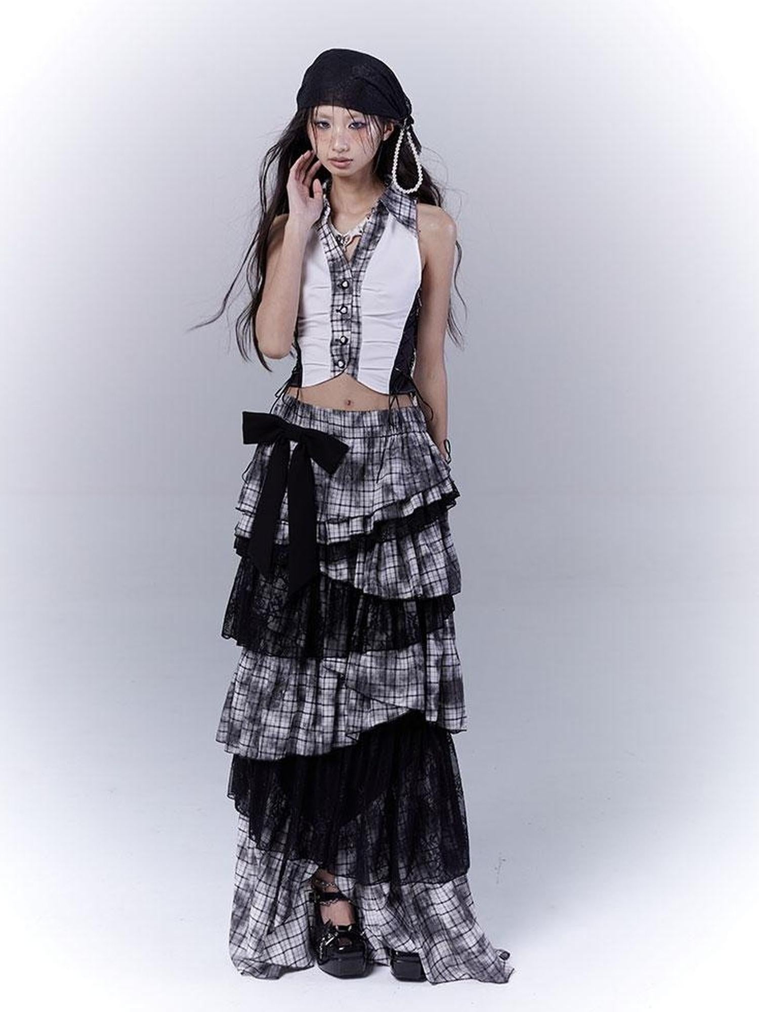 WSW WUSHENWU Gothic Lace Plaid Asymmetrical Cake Skirt