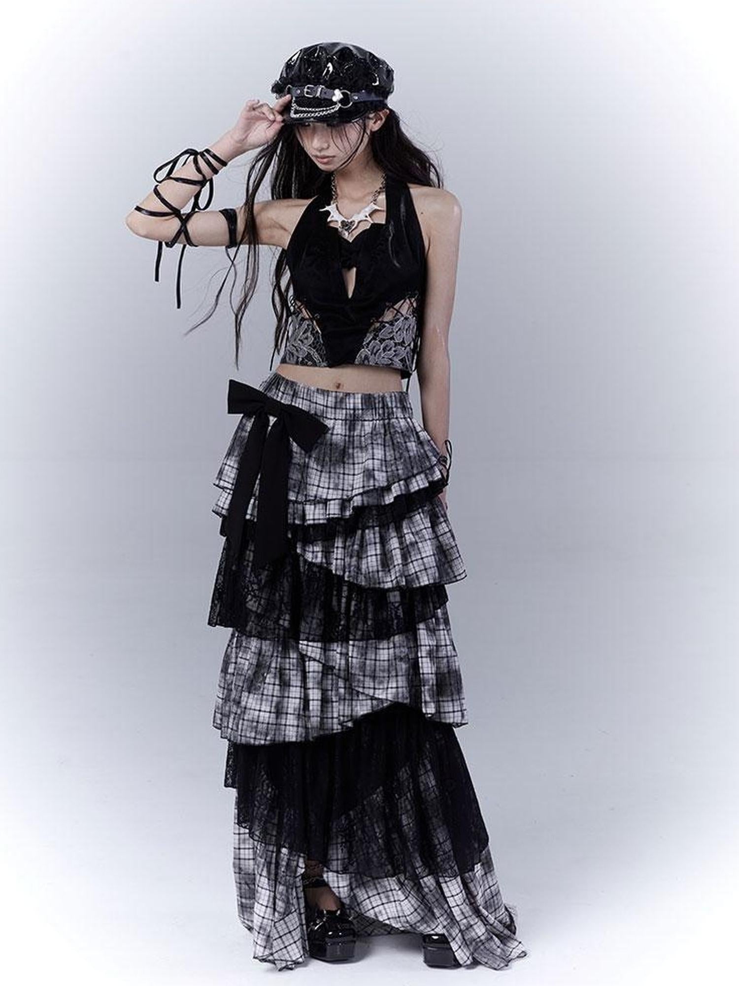 WSW WUSHENWU Gothic Lace Plaid Asymmetrical Cake Skirt