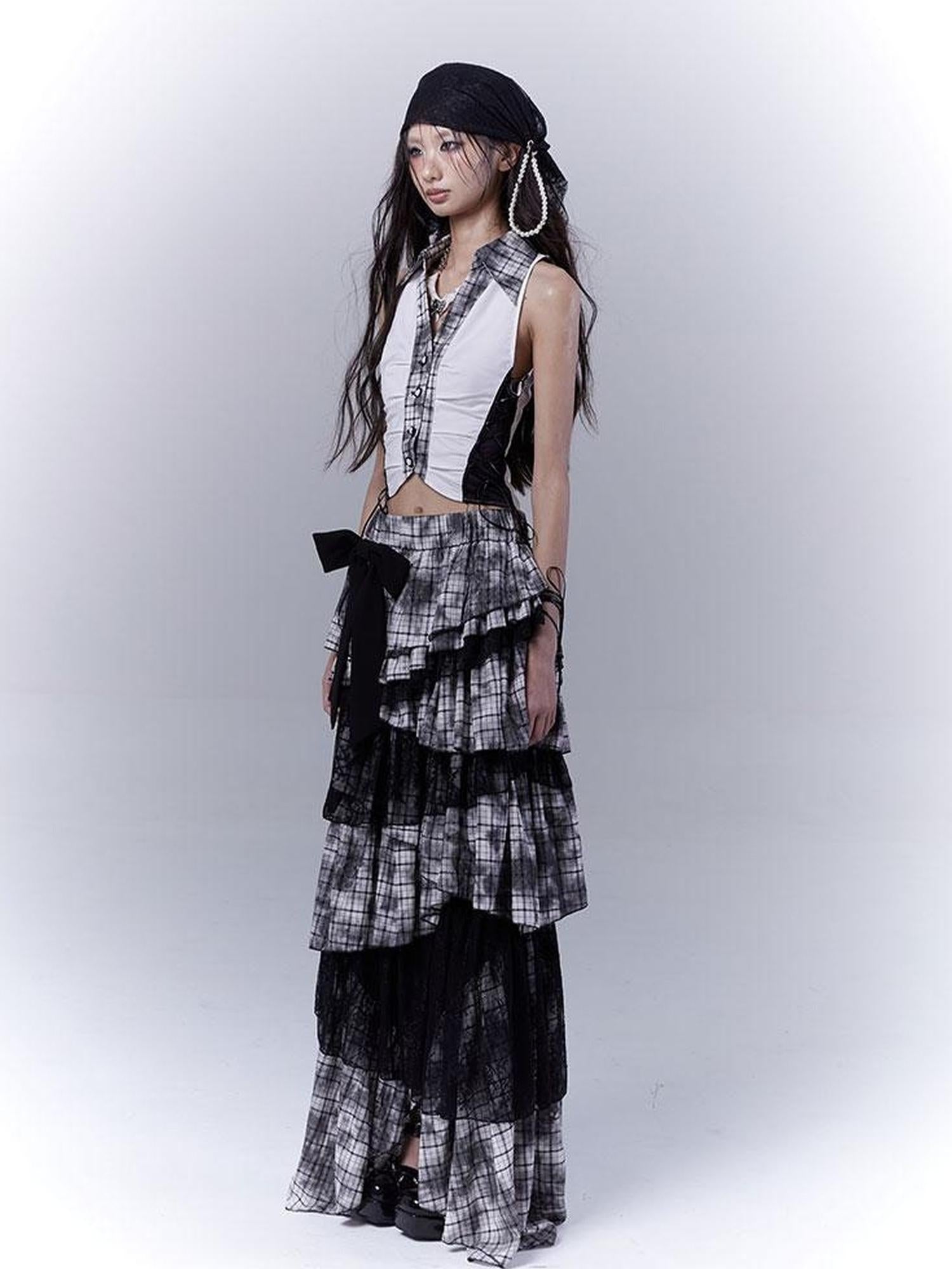 WSW WUSHENWU Gothic Lace Plaid Asymmetrical Cake Skirt
