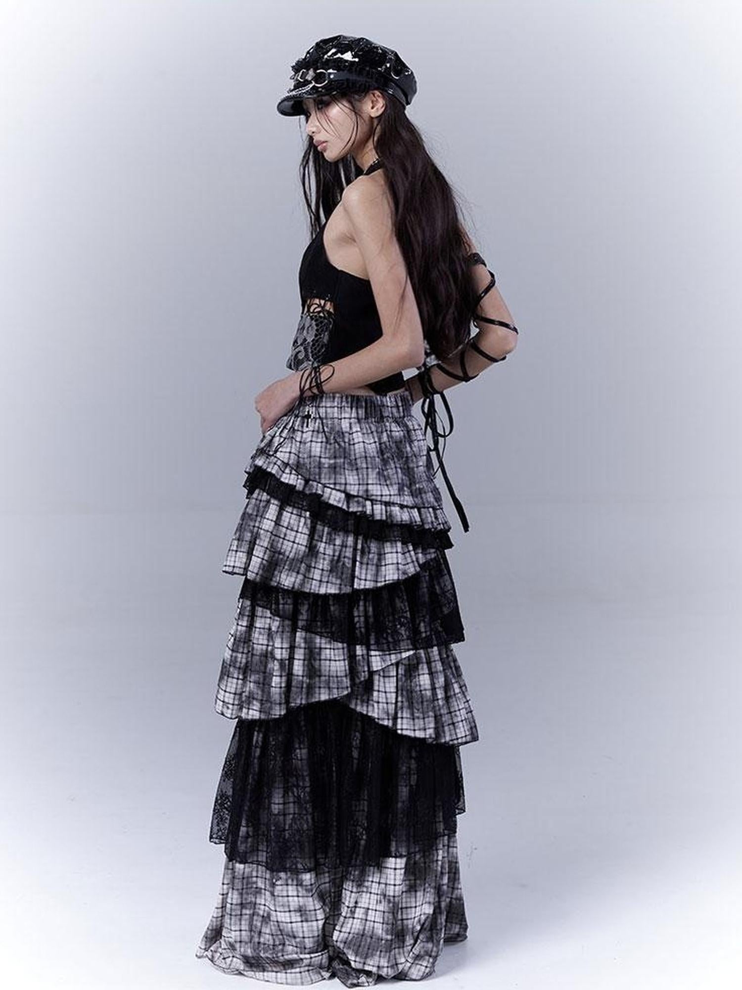 WSW WUSHENWU Gothic Lace Plaid Asymmetrical Cake Skirt