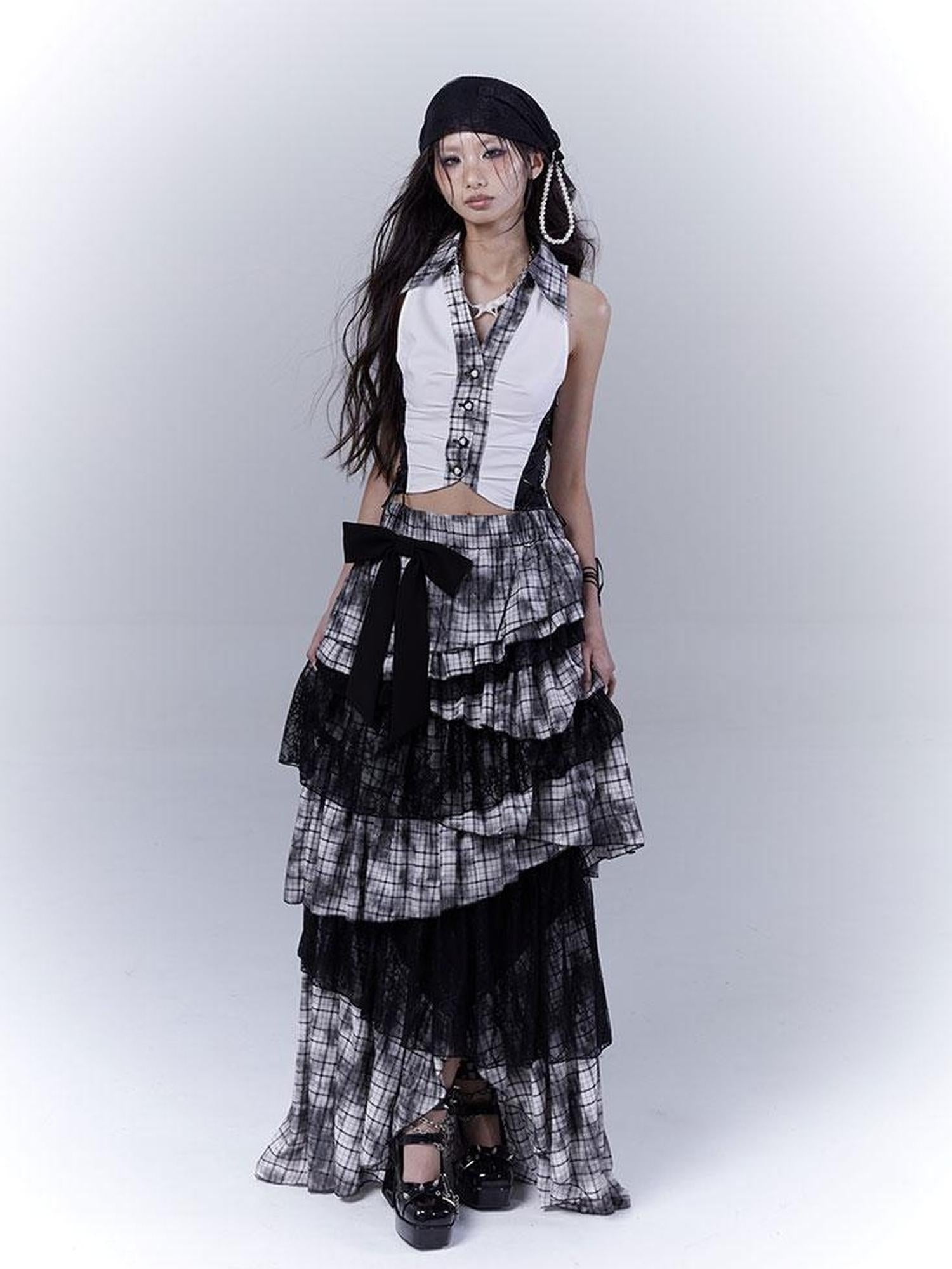 WSW WUSHENWU Gothic Lace Plaid Asymmetrical Cake Skirt