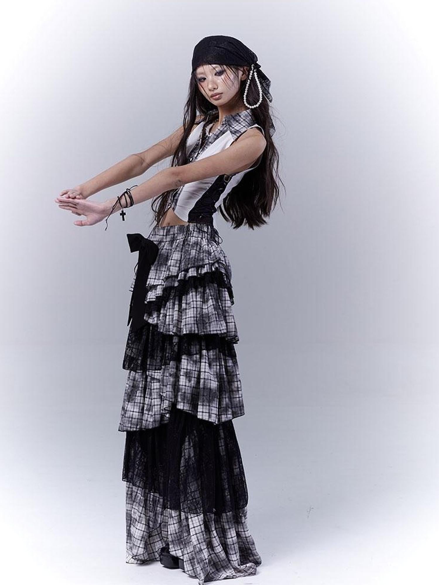 WSW WUSHENWU Gothic Lace Plaid Asymmetrical Cake Skirt