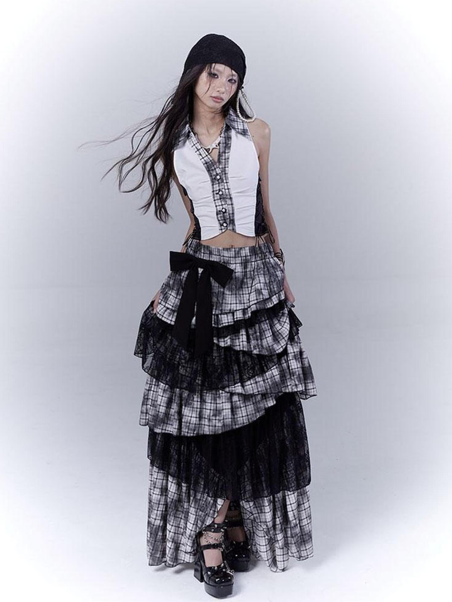WSW WUSHENWU Gothic Lace Plaid Asymmetrical Cake Skirt