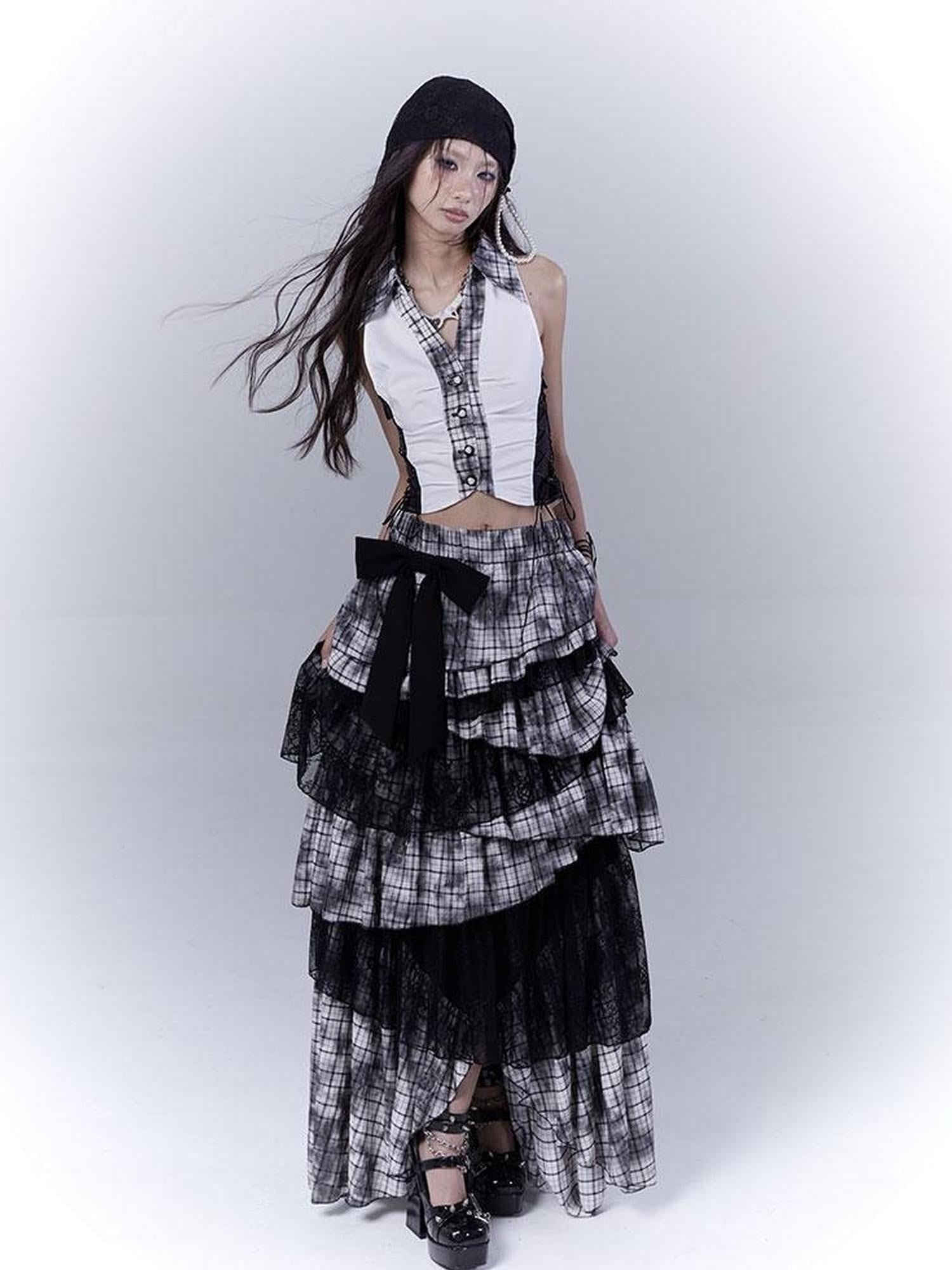 WSW WUSHENWU Gothic Lace Plaid Asymmetrical Cake Skirt