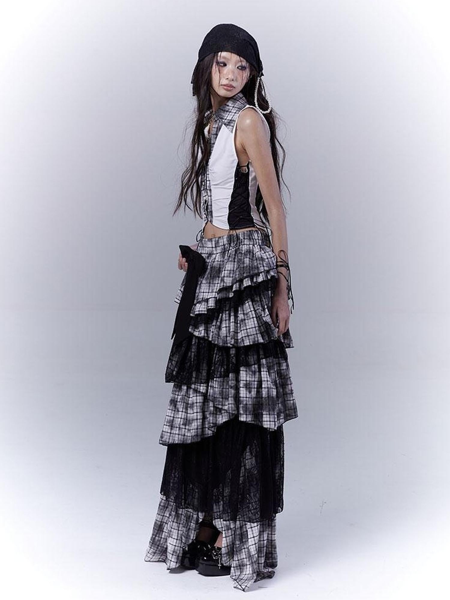 WSW WUSHENWU Gothic Lace Plaid Asymmetrical Cake Skirt