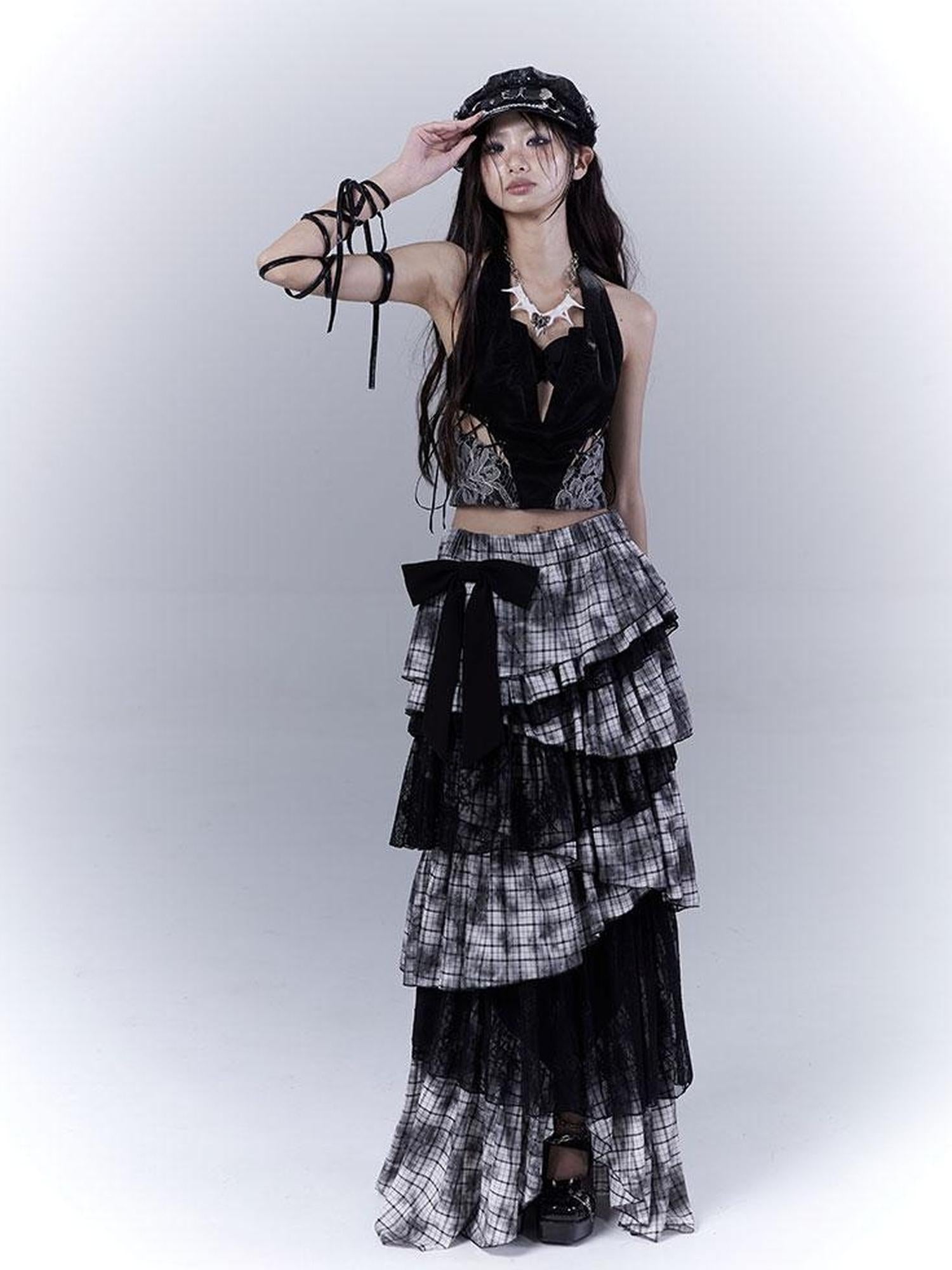 WSW WUSHENWU Gothic Lace Plaid Asymmetrical Cake Skirt