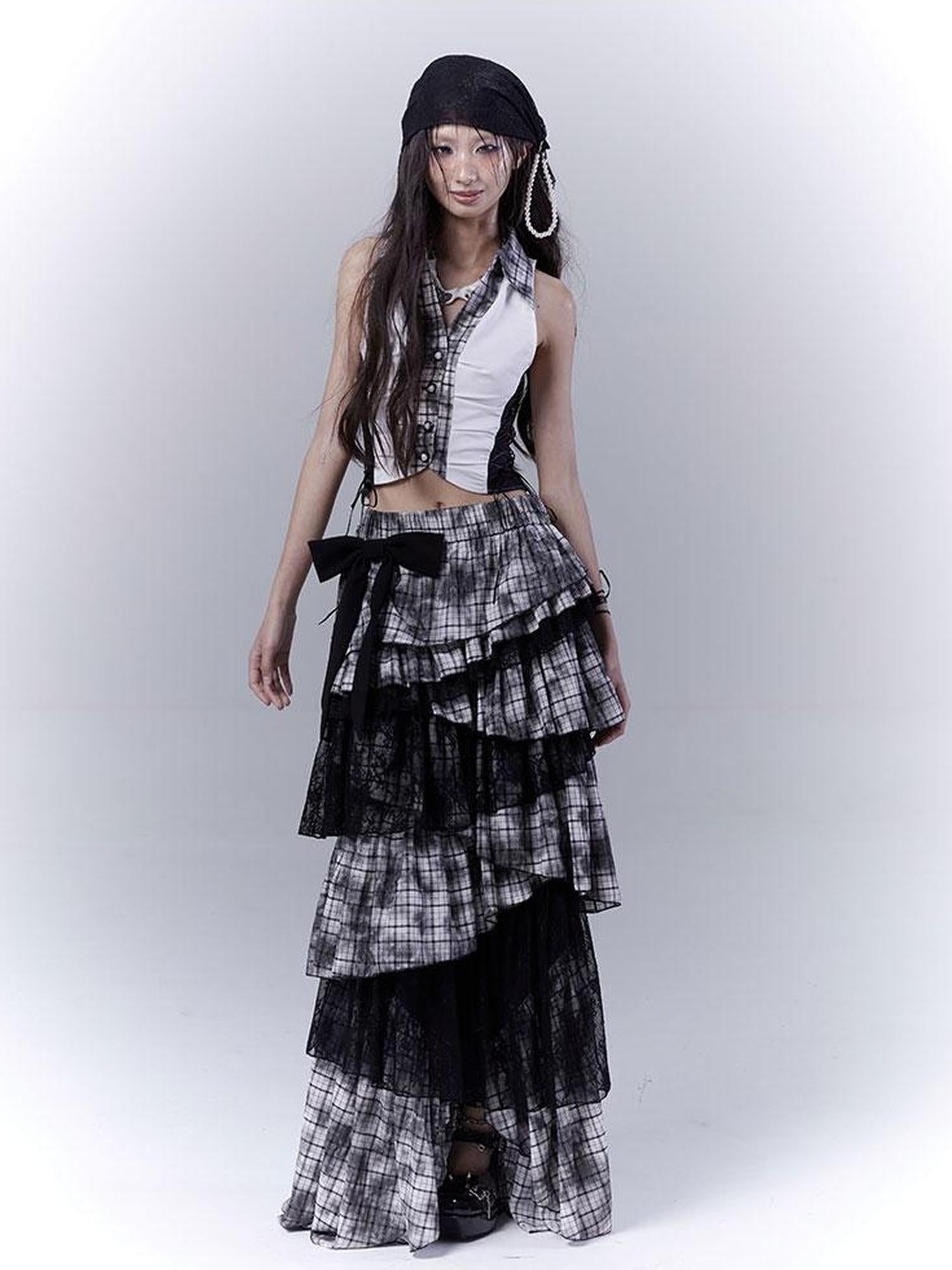 WSW WUSHENWU Gothic Lace Plaid Asymmetrical Cake Skirt