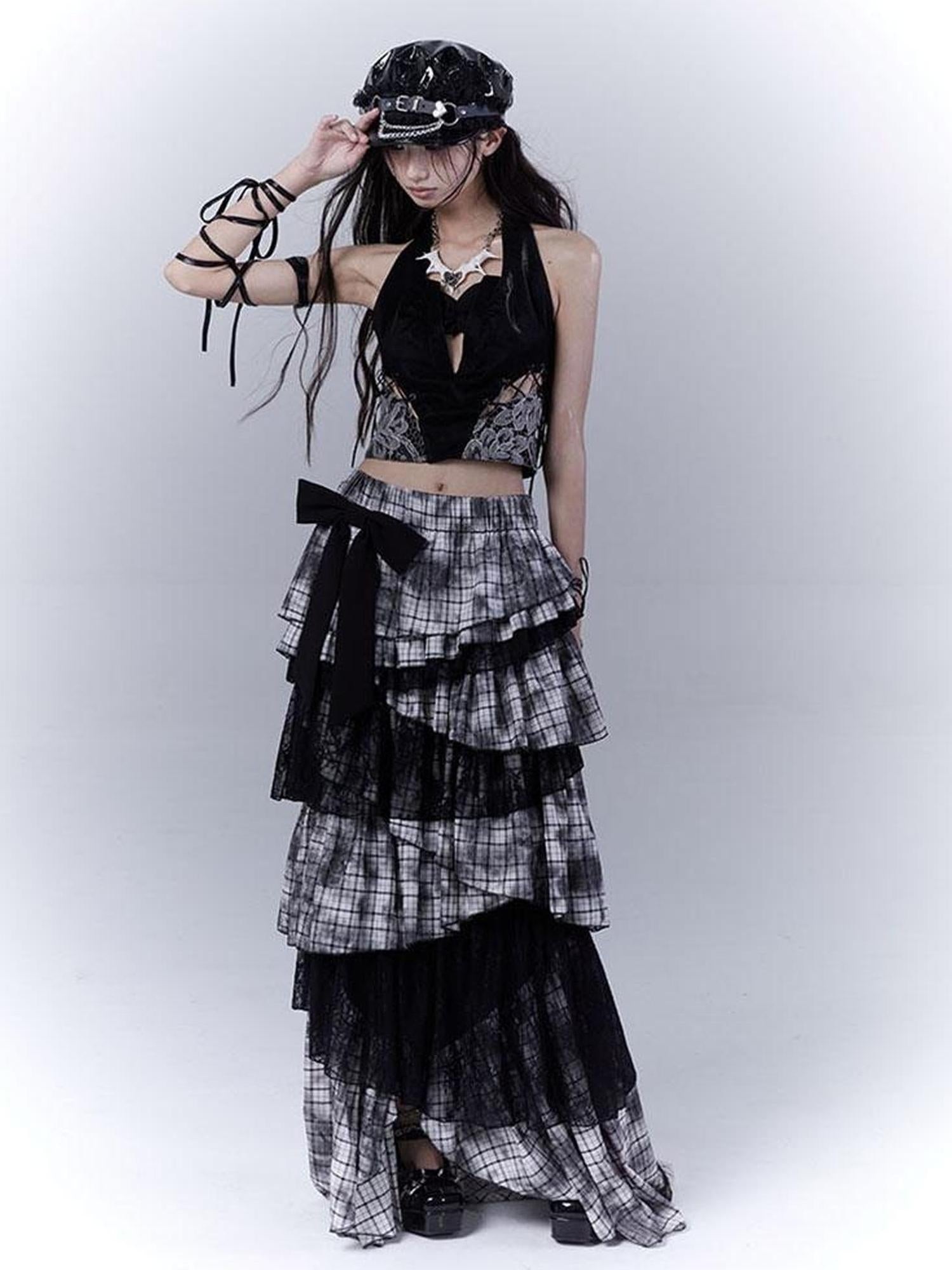 WSW WUSHENWU Gothic Lace Plaid Asymmetrical Cake Skirt