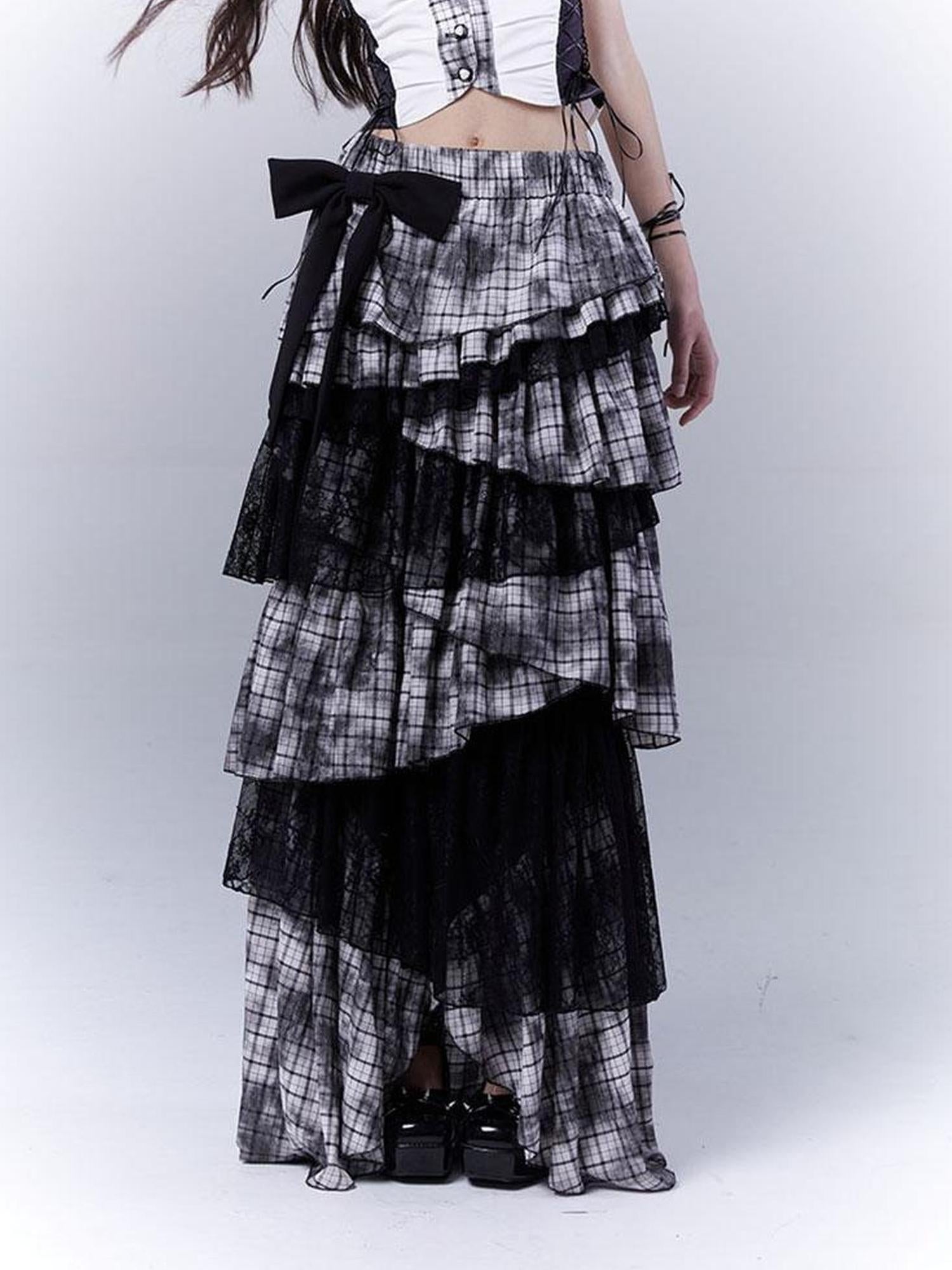 WSW WUSHENWU Gothic Lace Plaid Asymmetrical Cake Skirt