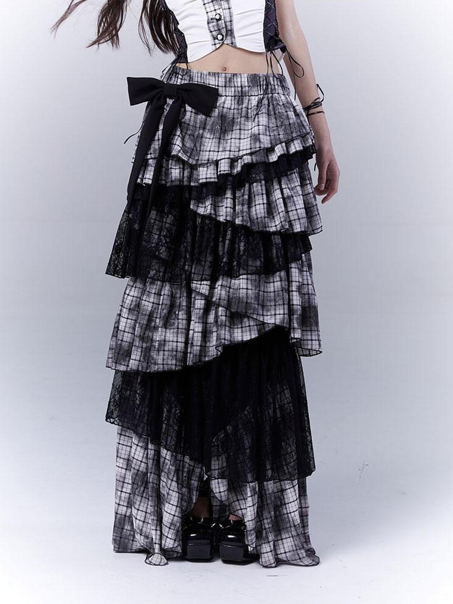 WSW WUSHENWU Gothic Lace Plaid Asymmetrical Cake Skirt